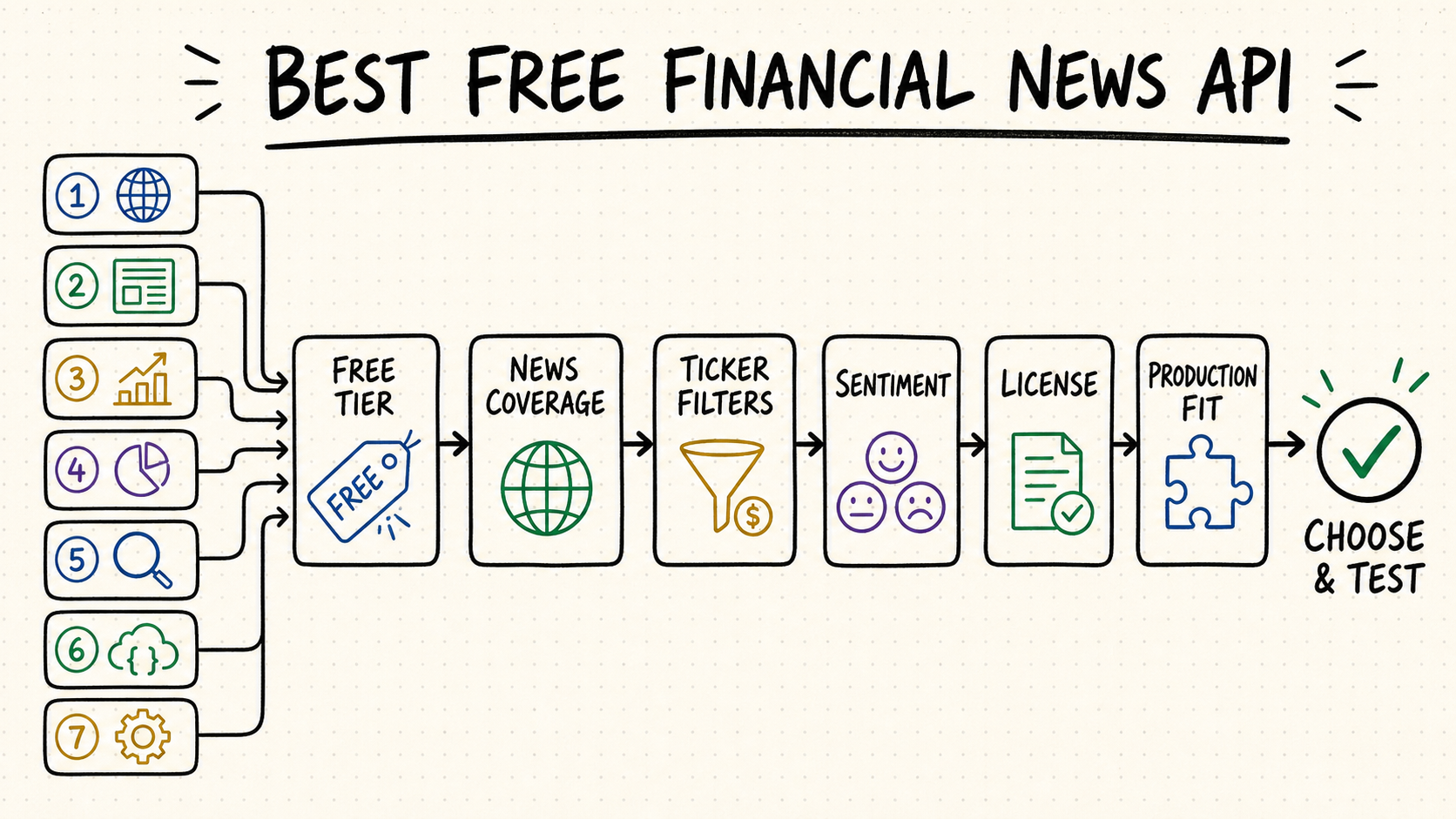 Best free financial news API comparison flow covering free tier, news coverage, ticker filters, sentiment, licensing and production fit