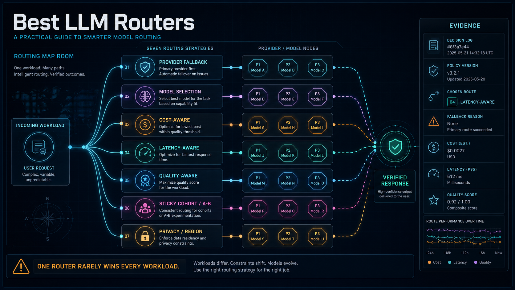 LLM routing map showing seven model and provider selection strategies with decision evidence