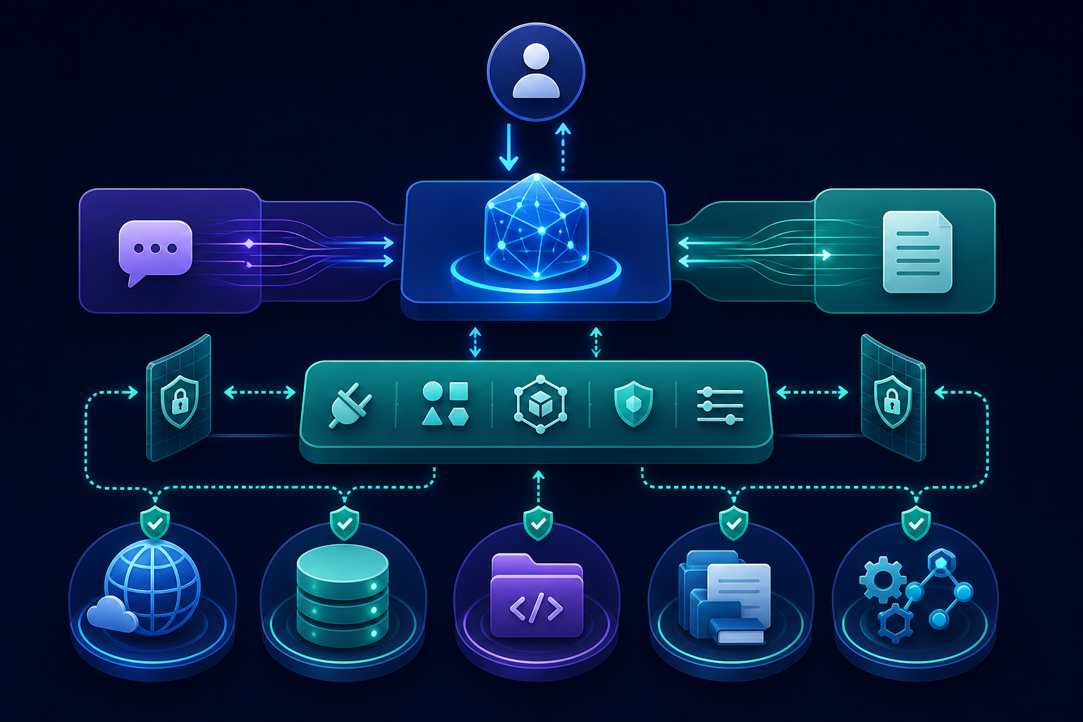 DeepSeek tool calls routed through a permission-gated MCP host to data, databases, code, files, and API tools