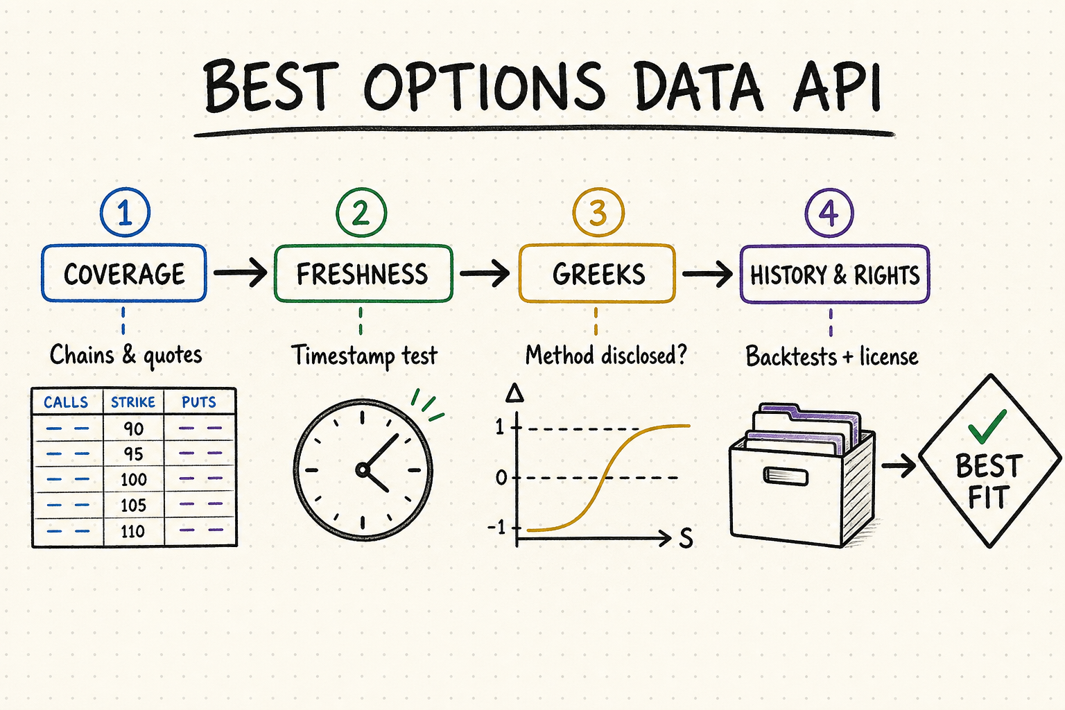 Hand-drawn decision map for comparing options data APIs by coverage, freshness, Greeks, history, and rights