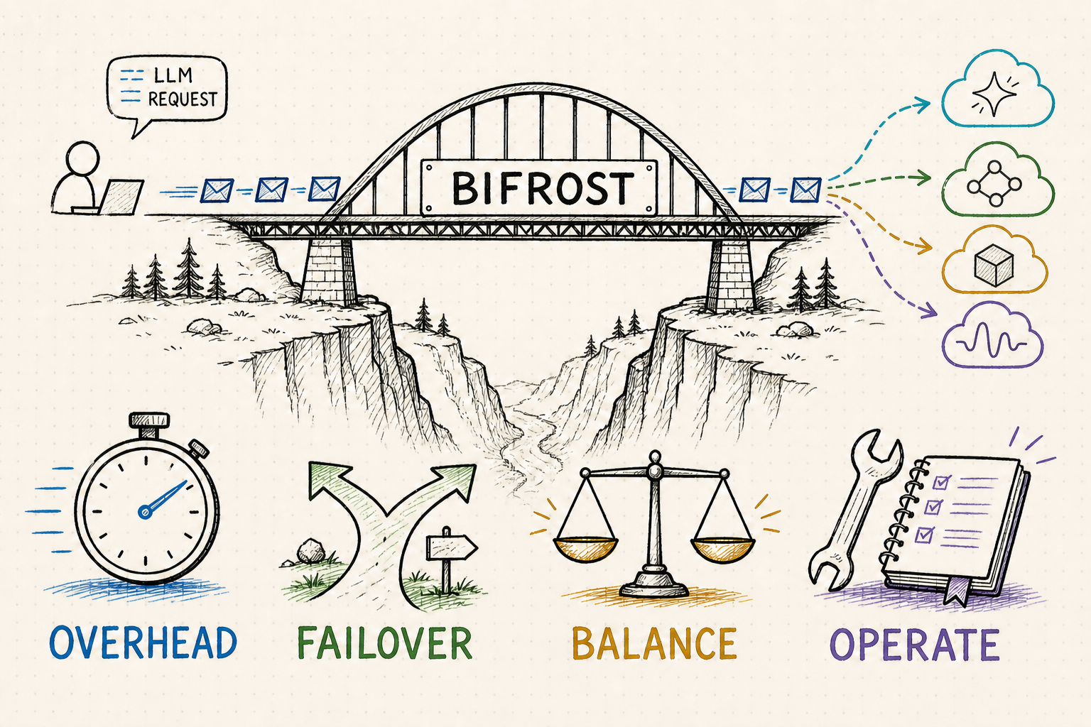 Hand-drawn Bifrost AI gateway bridge showing proxy overhead, failover, load balancing, and operational burden checkpoints