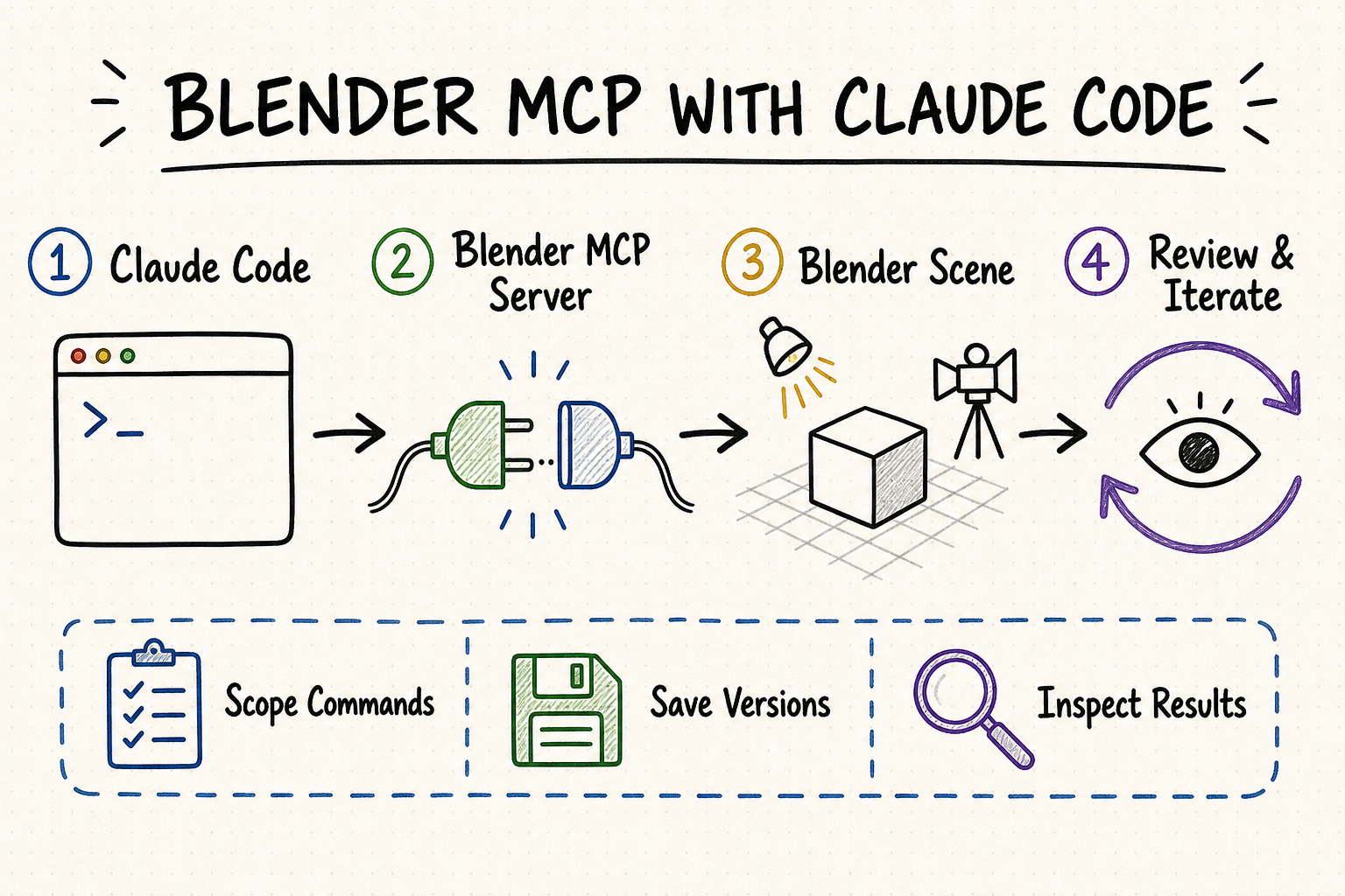 Hand-drawn workflow connecting Claude Code, a Blender MCP server, a Blender scene, and iterative review