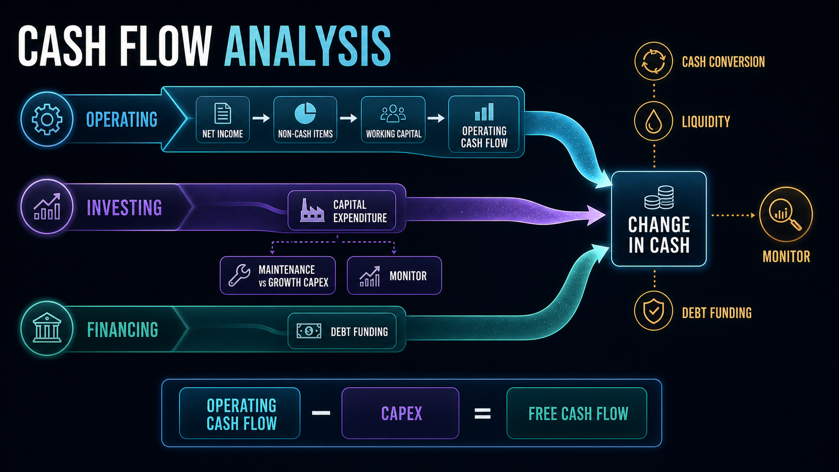 Cash flow analysis map connecting operating, investing, and financing activities to cash change, free cash flow, liquidity, and monitoring