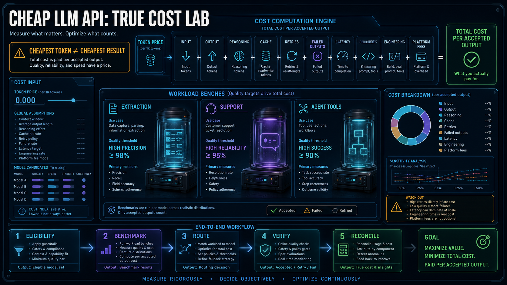True cost laboratory calculating LLM API cost per accepted output across three workloads