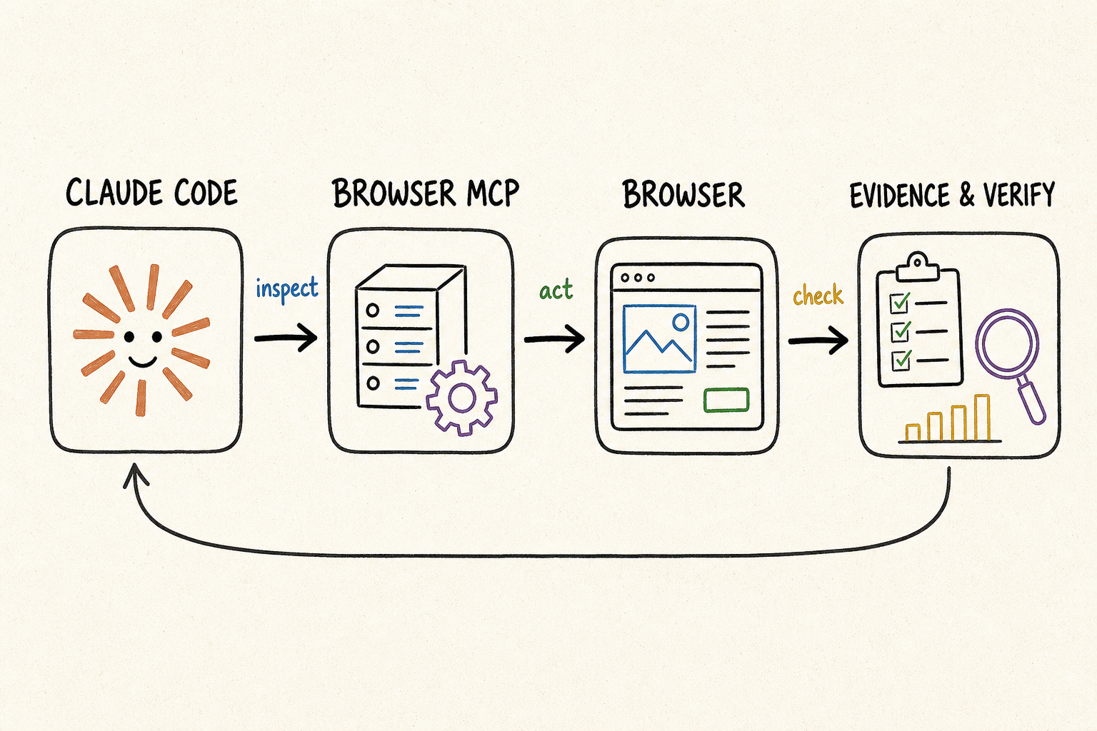 Hand-drawn Claude Code browser MCP workflow from inspection through browser action to evidence and verification