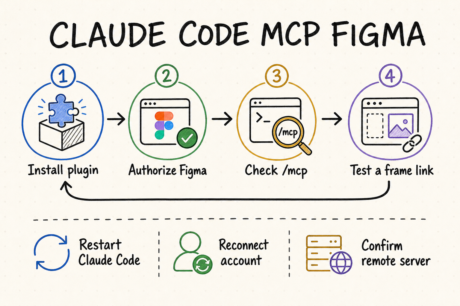 Hand-drawn Claude Code MCP Figma setup showing plugin installation, Figma authorization, connection verification, a frame-link test, and troubleshooting checks