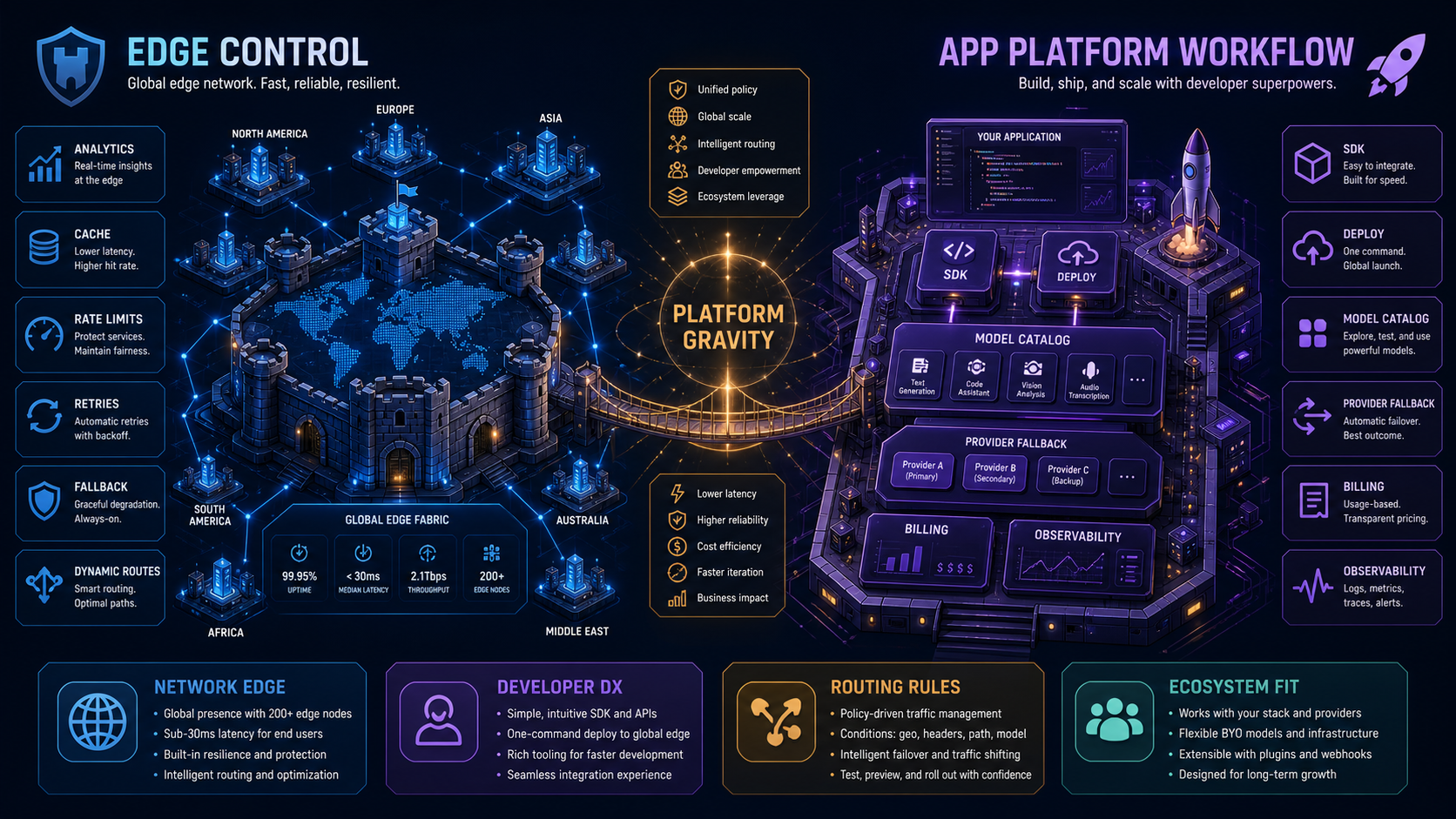 Global edge network fortress compared with a developer application platform launchpad