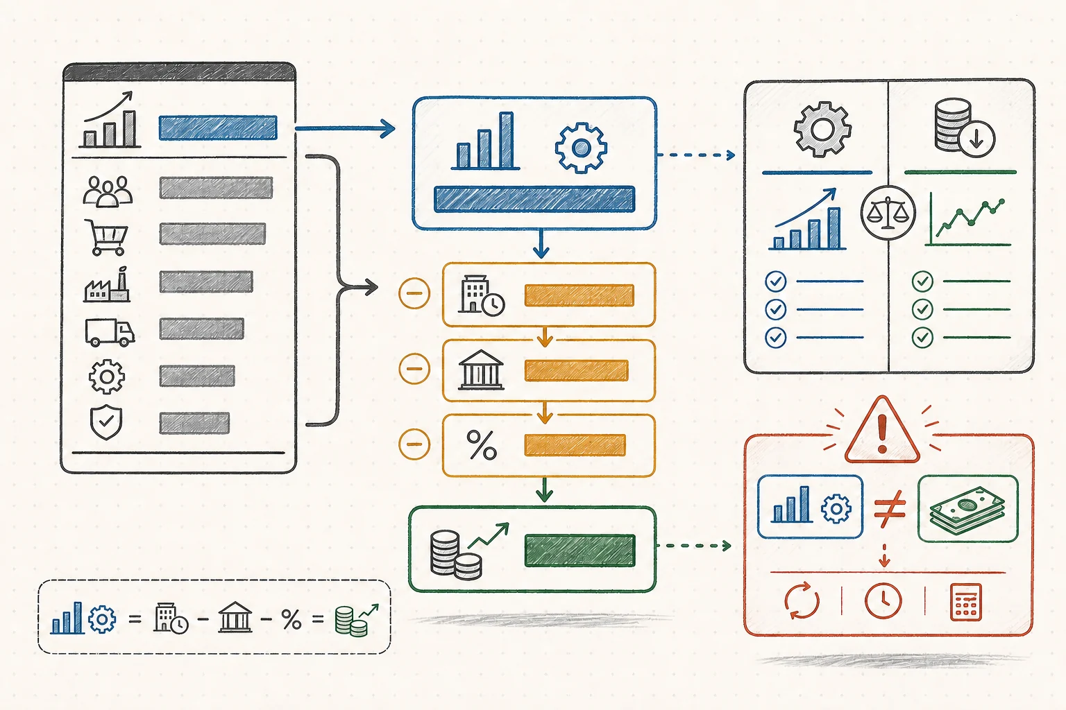 Income-statement bridge comparing EBITDA with net income after depreciation, amortization, interest, and taxes