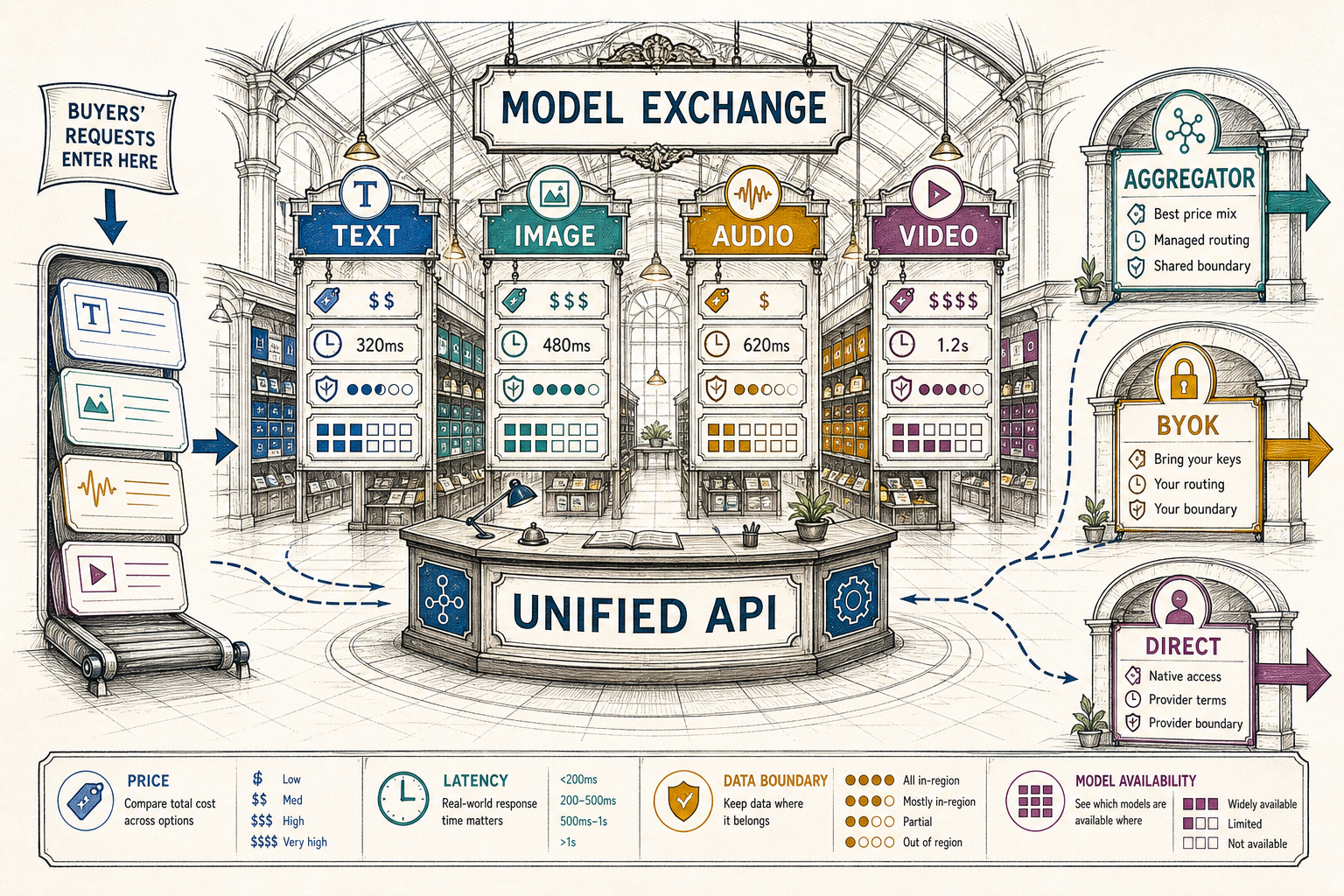 Multimodal model exchange comparing aggregator, bring-your-own-key, and direct provider procurement paths