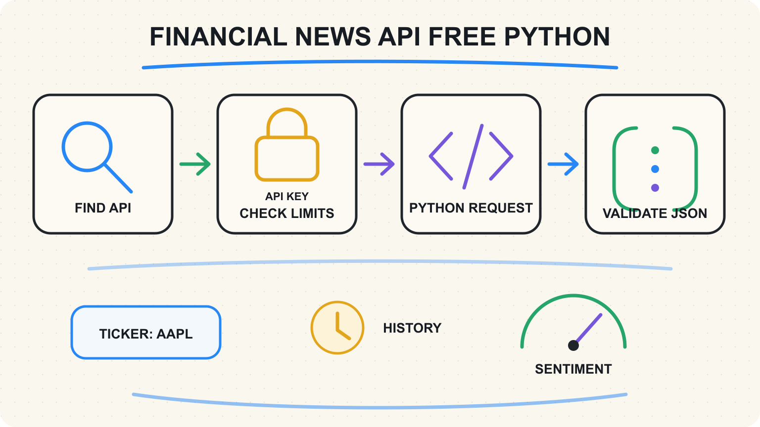 Financial news API free Python whiteboard workflow for validating ticker news, limits, history, sentiment and JSON