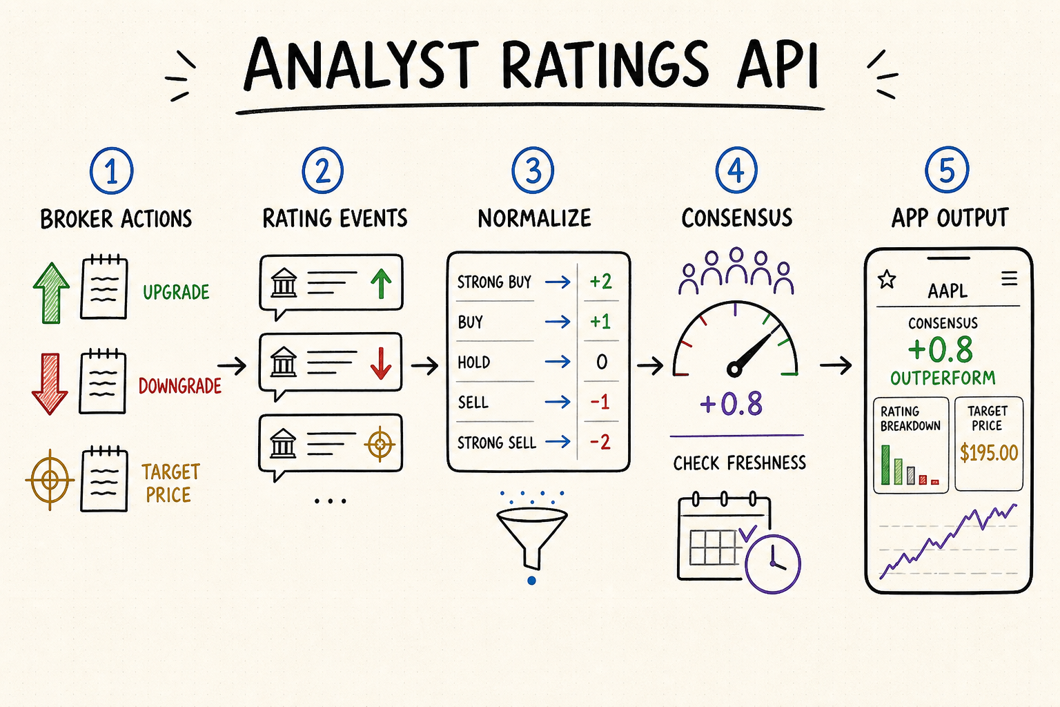 Hand-drawn free analyst ratings API workflow showing broker actions, normalization, consensus, validation, and application output