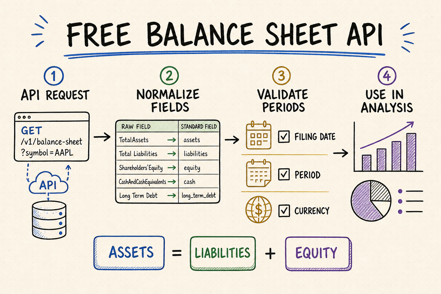 Hand-drawn workflow for requesting, normalizing, validating, and analyzing free balance sheet API data