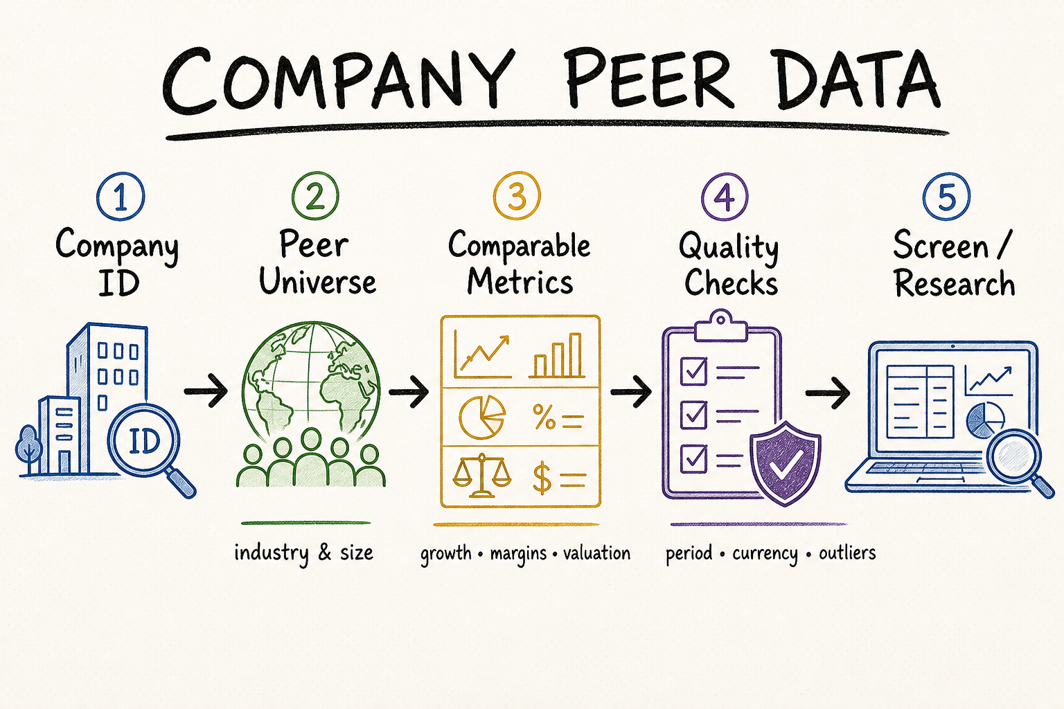 Hand-drawn free company peer data API workflow covering peer selection, comparable metrics, checks, and research