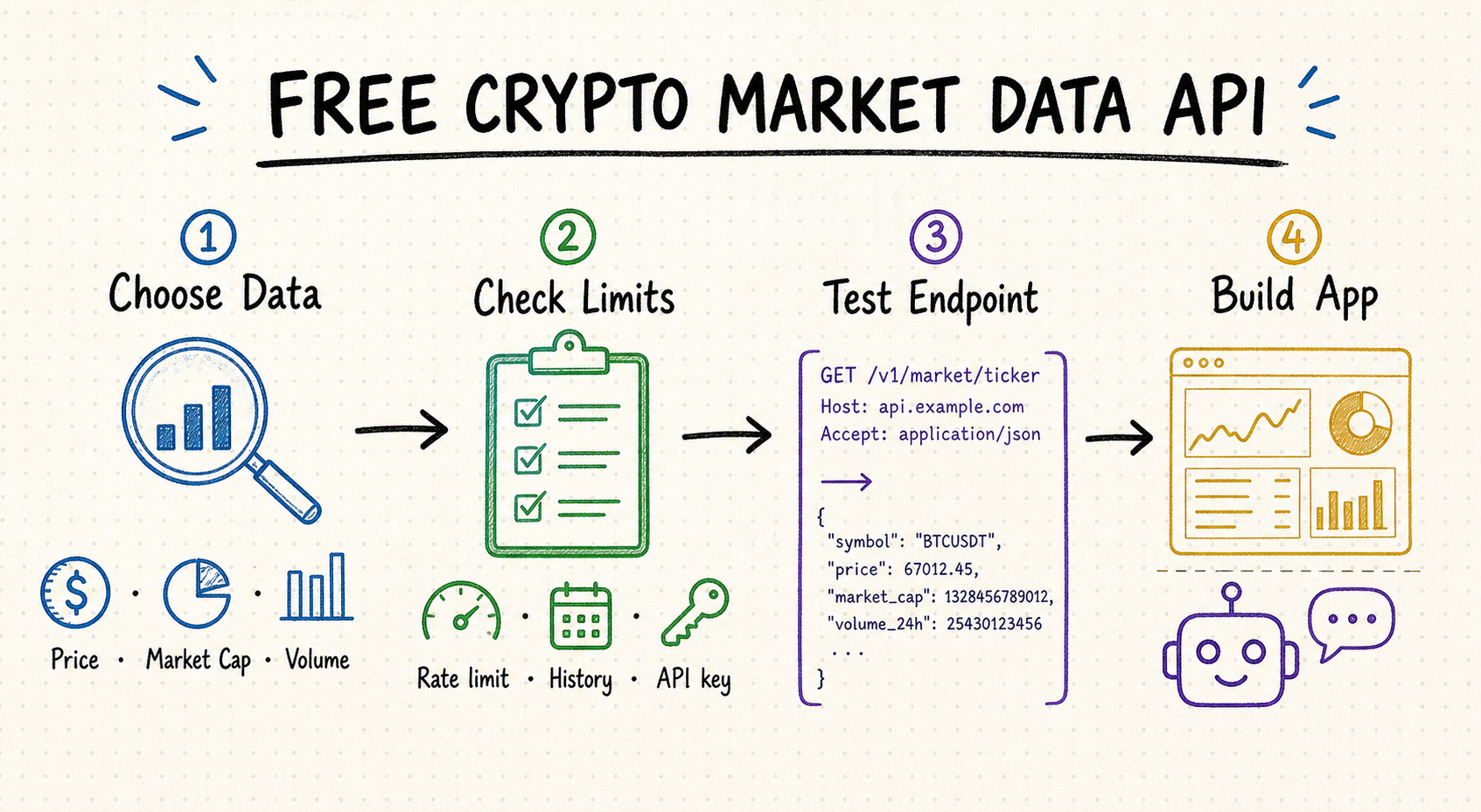 Whiteboard workflow for choosing data fields, checking limits, testing a crypto market data endpoint, and building an app