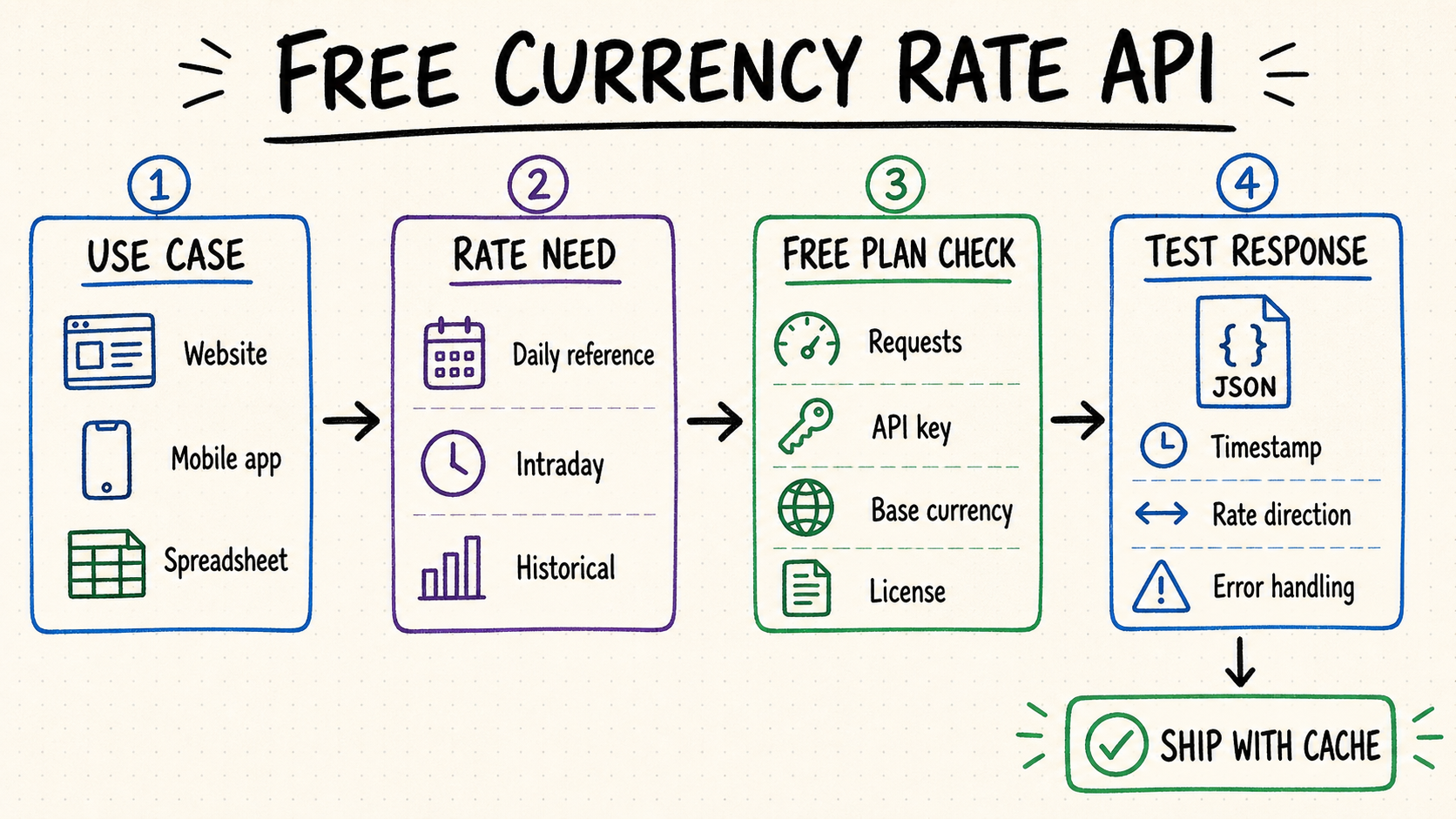 Decision workflow for matching a free currency rate API to an app, checking its free plan, and validating the JSON response
