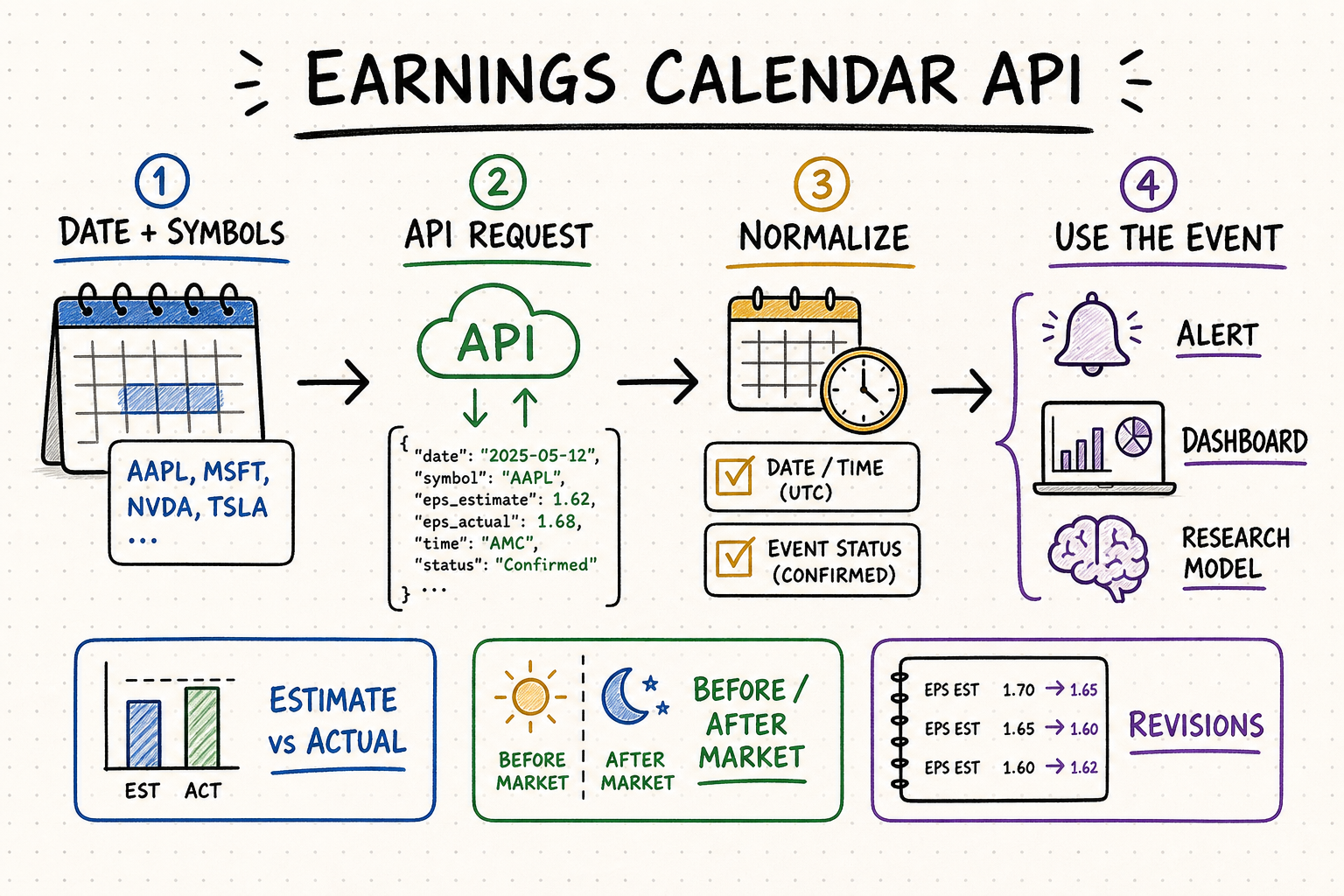 Hand-drawn free earnings calendar API workflow showing date and symbol queries, normalization, estimates, market timing, revisions, and application uses