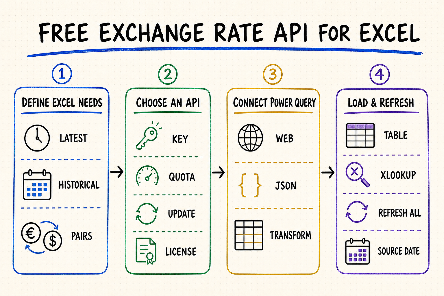 Free exchange rate API for Excel workflow covering requirements, API selection, Power Query connection, and refresh