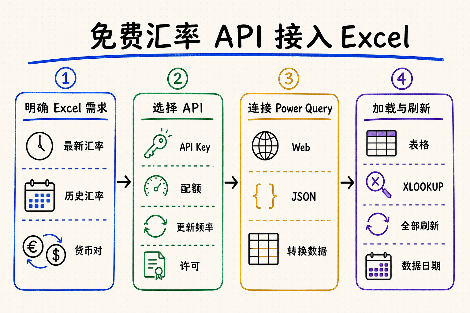 免费汇率 API 接入 Excel 的完整流程：明确需求、选择接口、连接 Power Query、加载与刷新