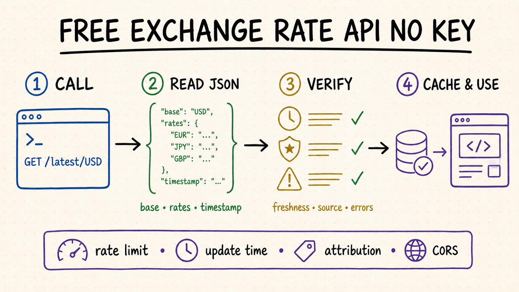 Free Exchange Rate API No Key workflow from public endpoint call through JSON validation, caching, and app use