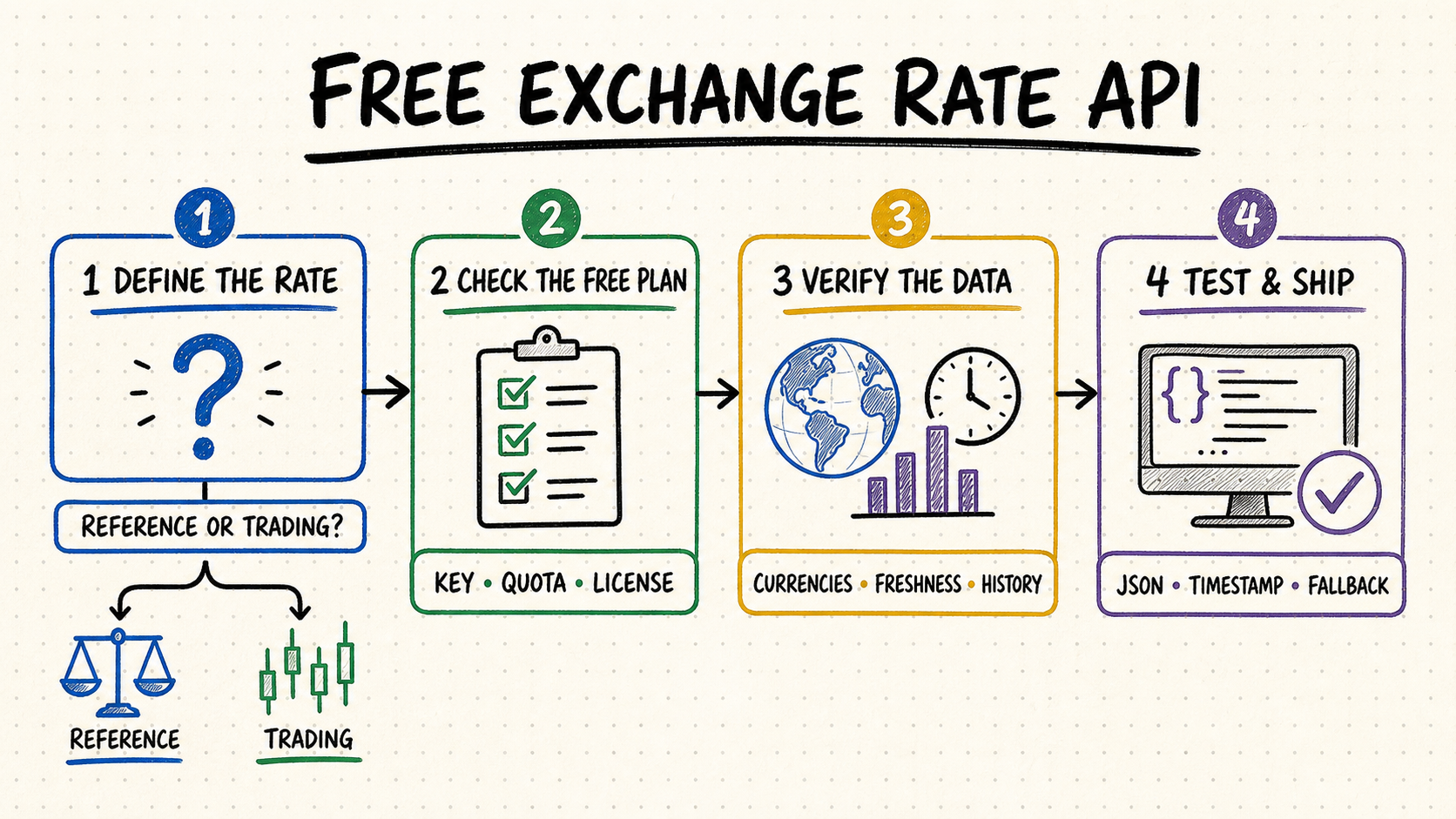 Whiteboard decision workflow for a free exchange rate API: define rate type, check the free plan, verify data, and test the integration