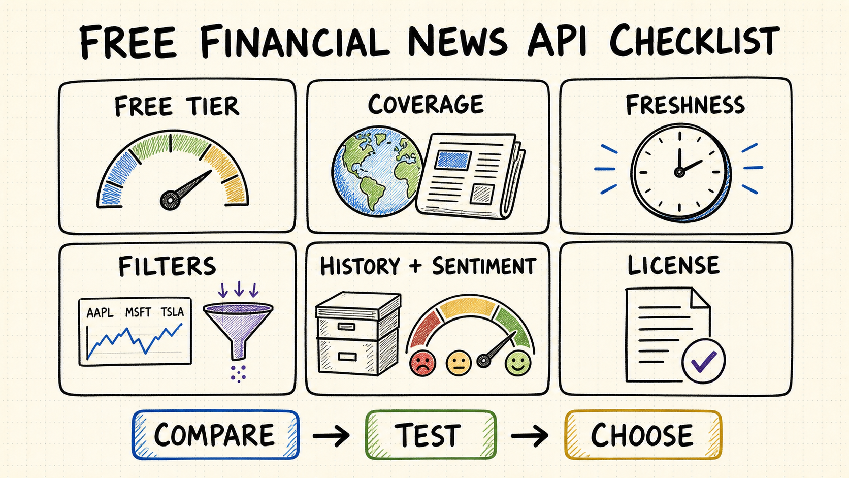 Free financial news API selection checklist comparing free tier, coverage, freshness, filters, history, sentiment and licensing