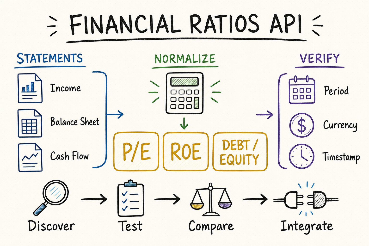 Whiteboard showing financial statements normalized into P/E, ROE, and debt-to-equity ratios, followed by verification and integration