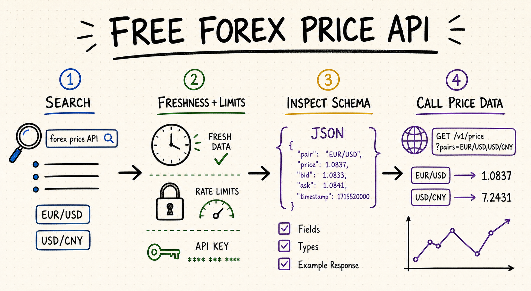 Whiteboard workflow for searching, checking limits, inspecting JSON, and calling a free forex price API