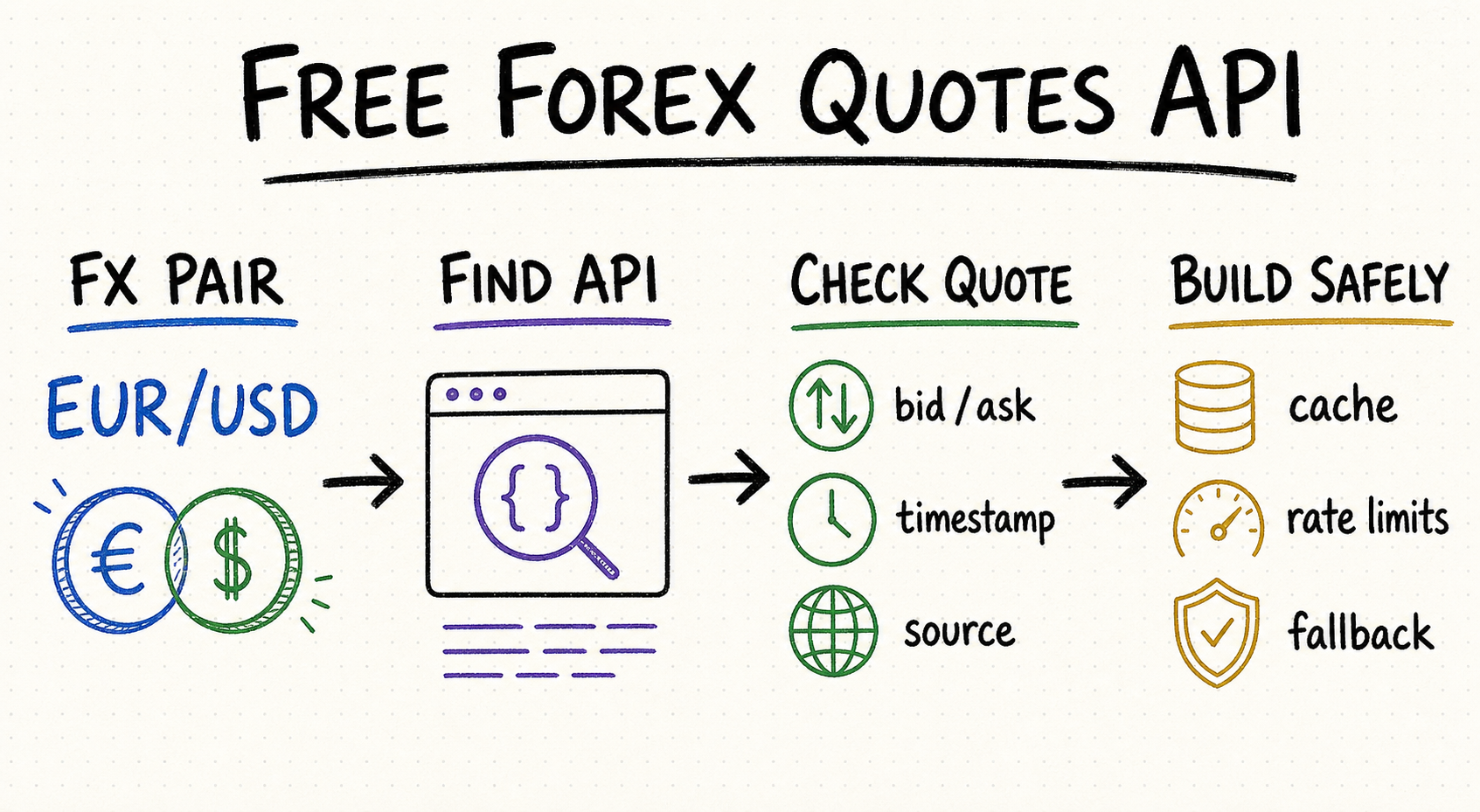Whiteboard workflow for finding a free forex quotes API and checking EUR/USD bid, ask, timestamp, source, caching, rate limits, and fallback