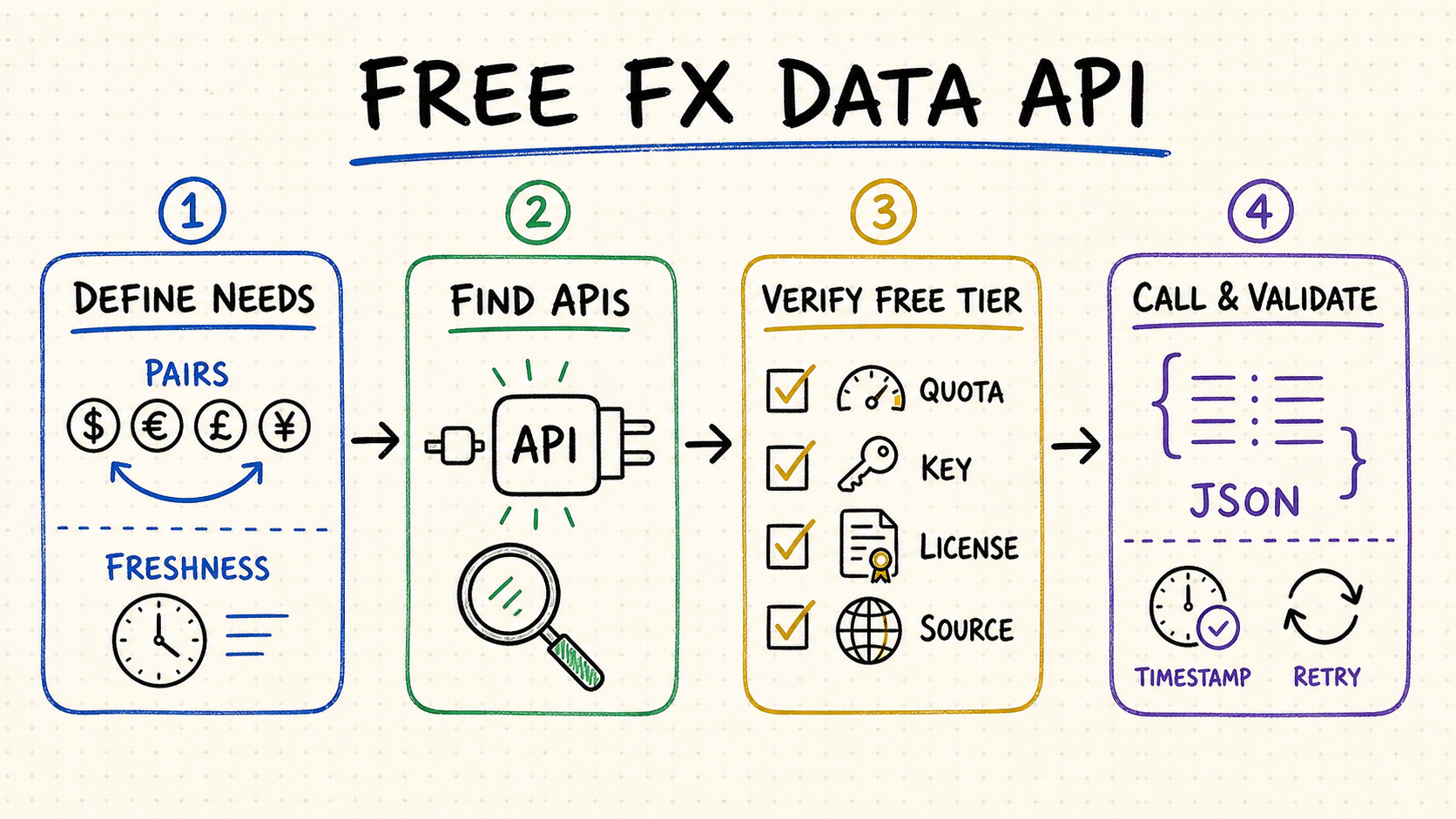Whiteboard workflow for defining FX data needs, finding APIs, checking a free tier, and validating JSON responses