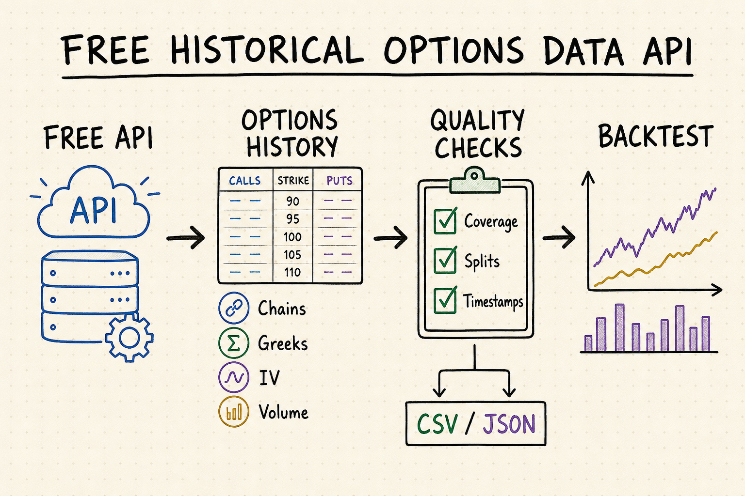 Hand-drawn workflow from archived options chains through API retrieval and validation to research and backtesting