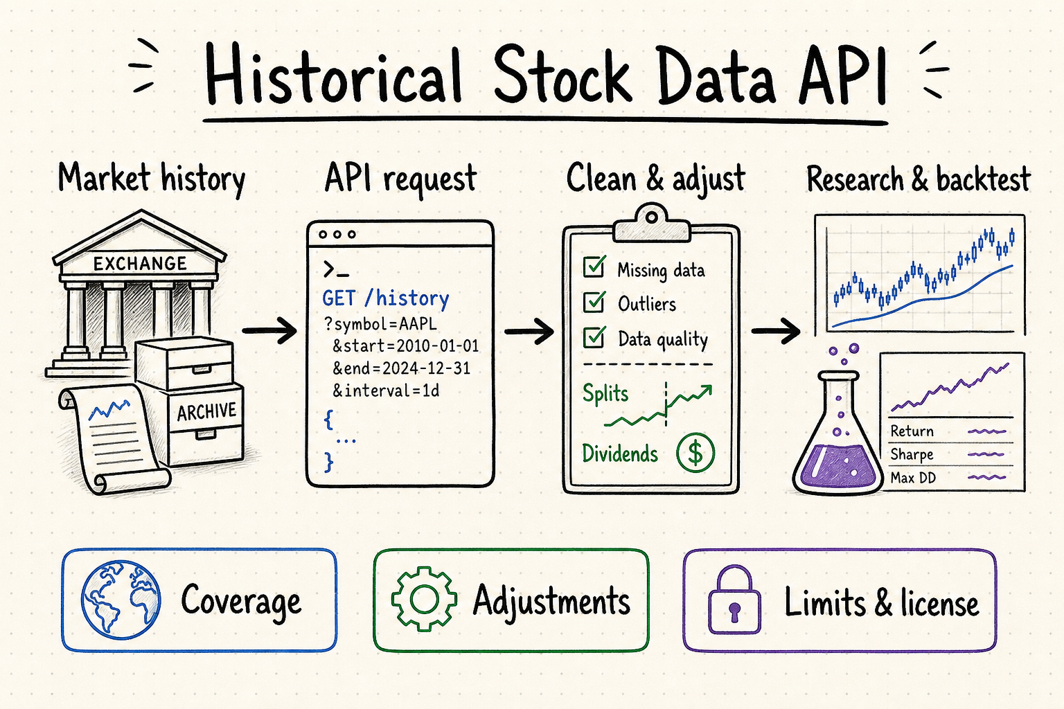Hand-drawn workflow from archived stock prices through API retrieval and validation to research and backtesting