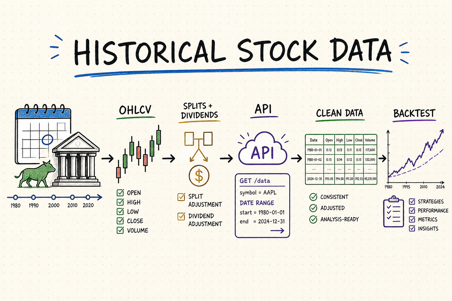Hand-drawn workflow from long-range historical stock prices through adjustments and an API request to a clean backtesting dataset