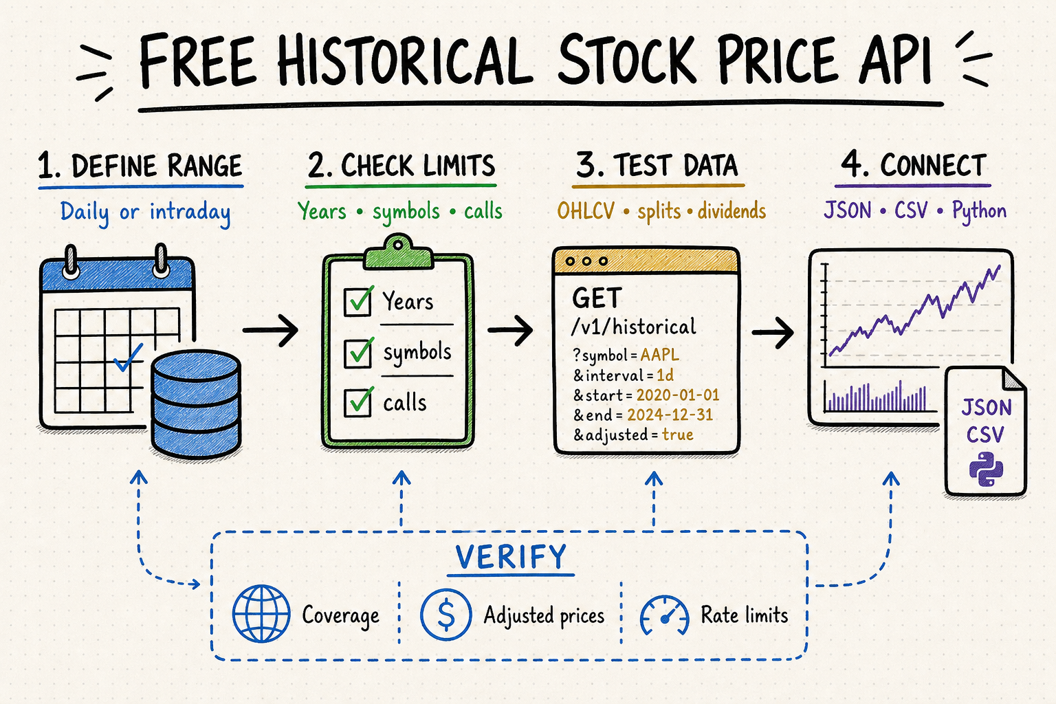 Hand-drawn workflow for choosing and integrating a free historical stock price API