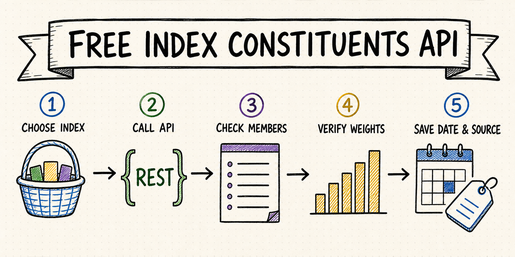 Free index constituents API whiteboard workflow for choosing an index, calling an API, checking members and weights, and saving the effective date and source