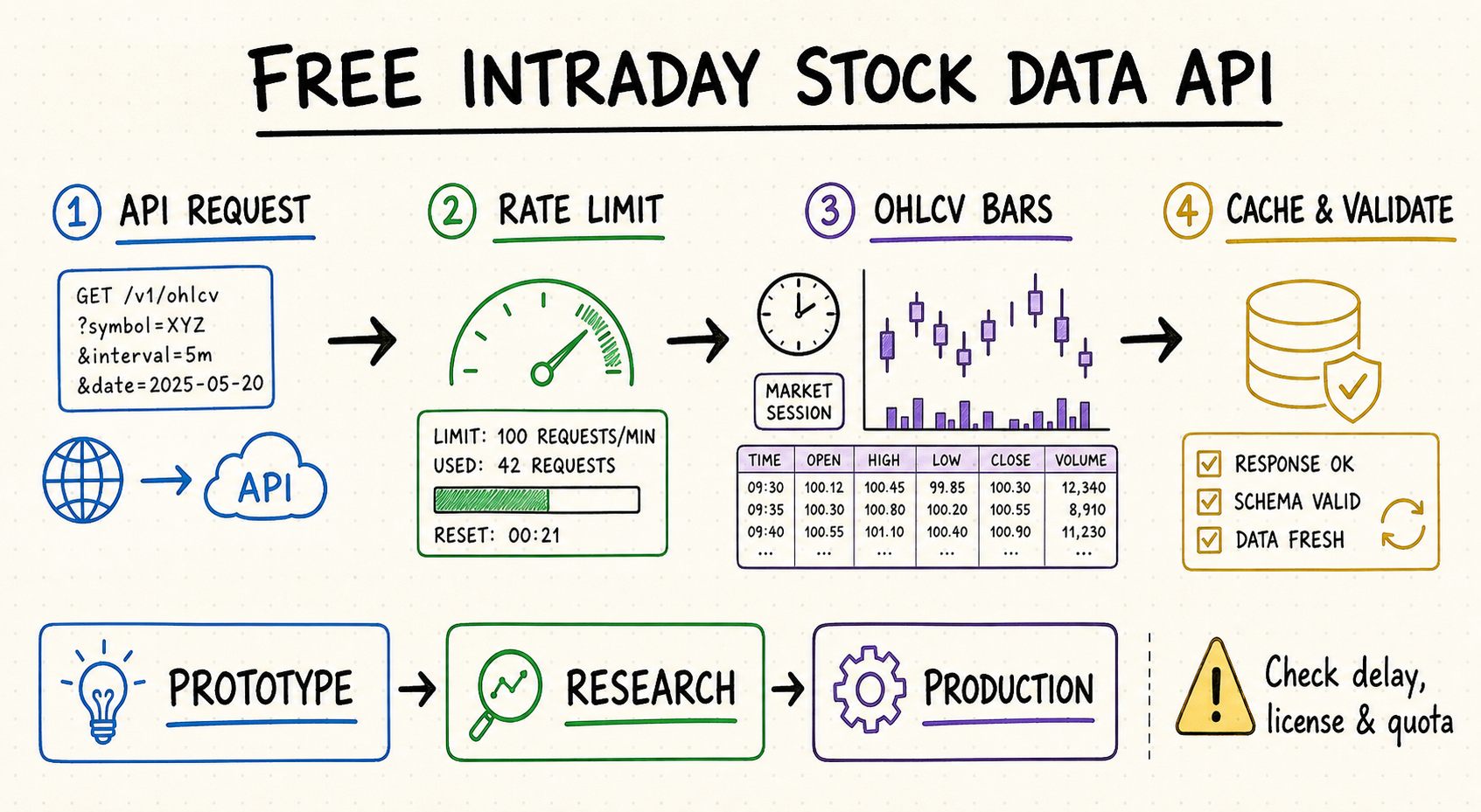 Hand-drawn workflow for evaluating a free intraday stock data API from request and rate limits to OHLCV validation