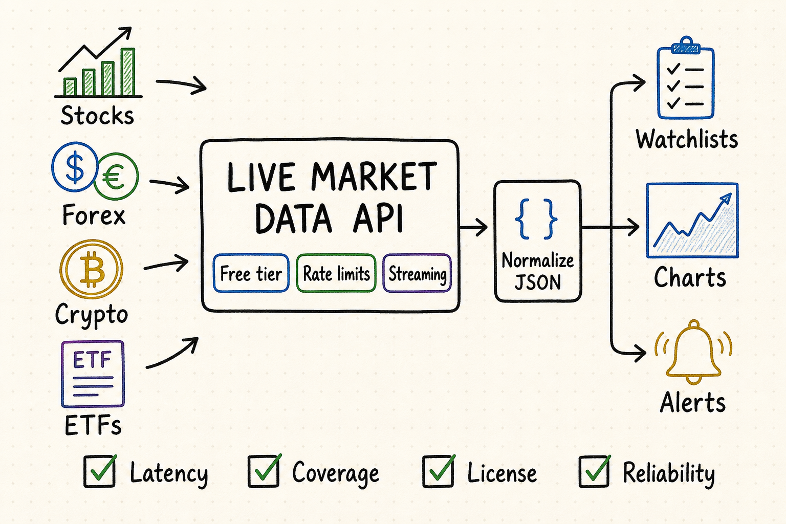Hand-drawn workflow from stocks, forex, crypto, and ETFs through a free live market data API into watchlists, charts, and alerts