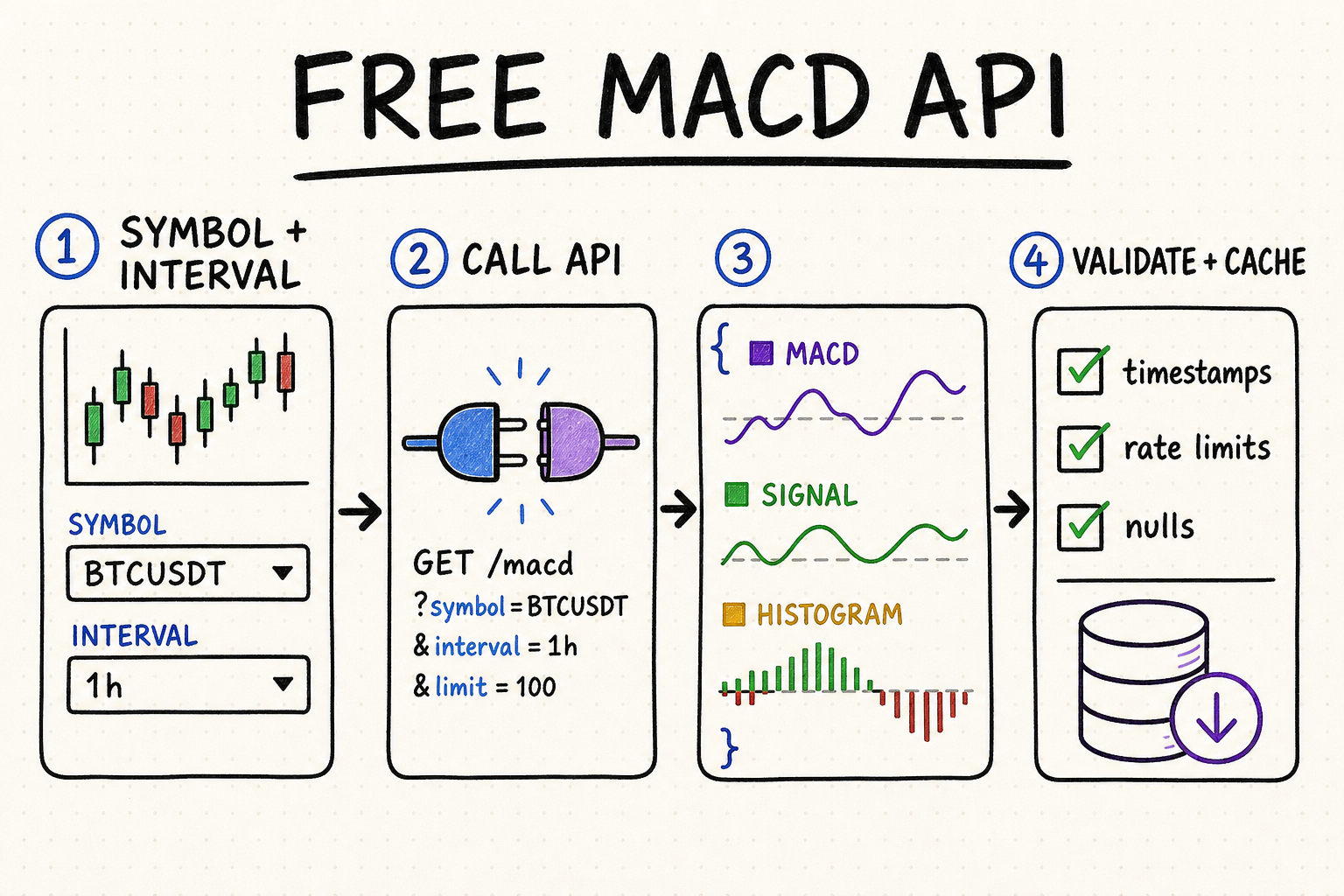 Free MACD API whiteboard showing symbol and interval selection, API request, MACD, signal and histogram fields, validation and caching
