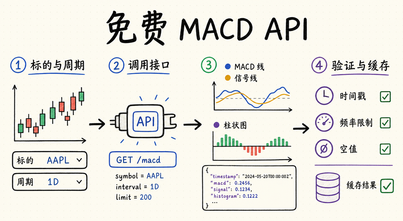 免费 MACD API 白板图，展示标的与周期选择、接口调用、MACD 线、信号线、柱状图、数据验证与缓存流程