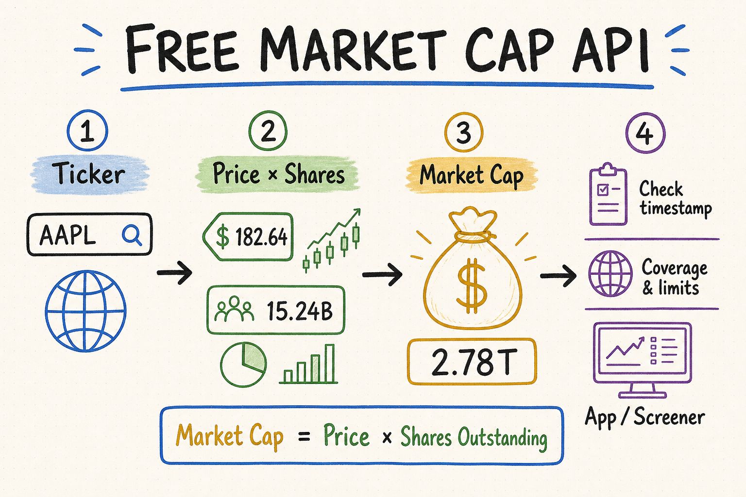 Hand-drawn free market cap API workflow showing ticker, price, shares, market cap, validation, and application output