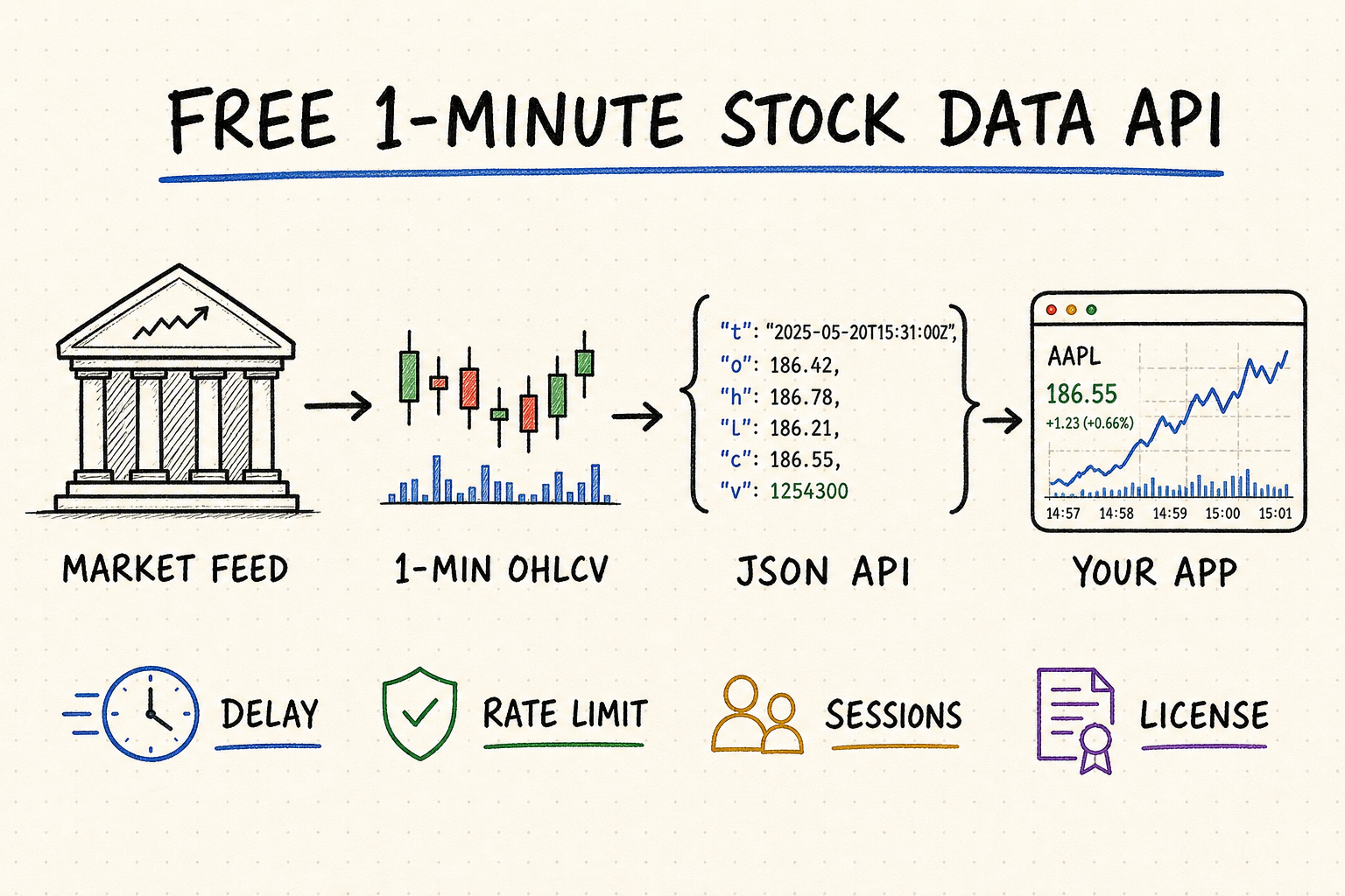 Hand-drawn workflow from a market feed through 1-minute OHLCV bars and a JSON API to an application, with delay, rate-limit, session, and license checks