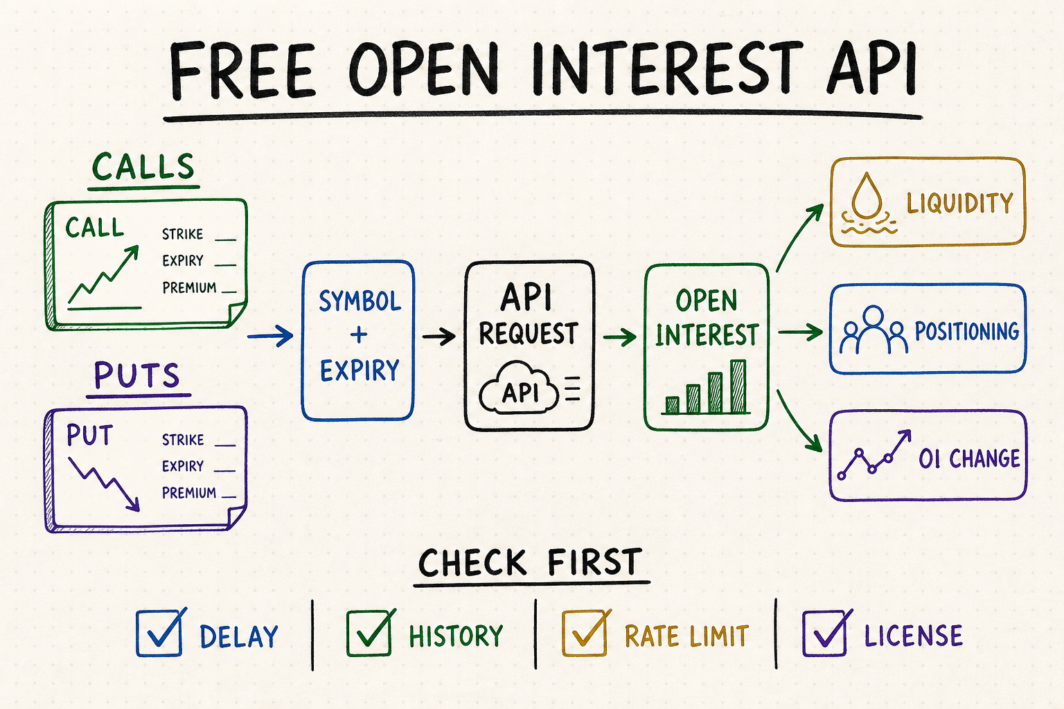 Hand-drawn free open interest API workflow showing option contracts, API requests, open interest signals, and data checks