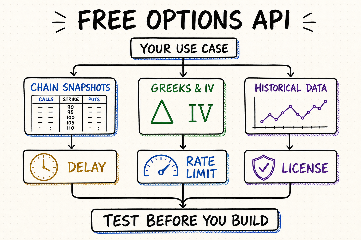 Whiteboard decision flow for choosing a free options API by chain data, Greeks, history, delay, rate limit, and license