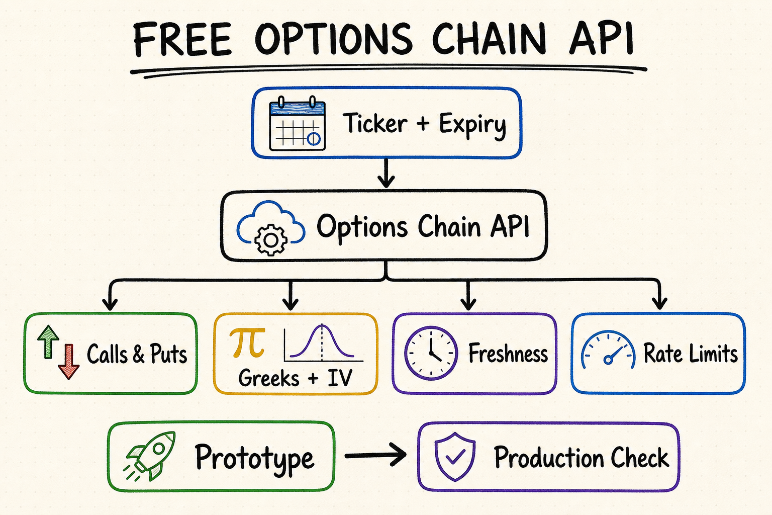 Hand-drawn free options chain API workflow covering calls, puts, Greeks, implied volatility, freshness, and rate limits