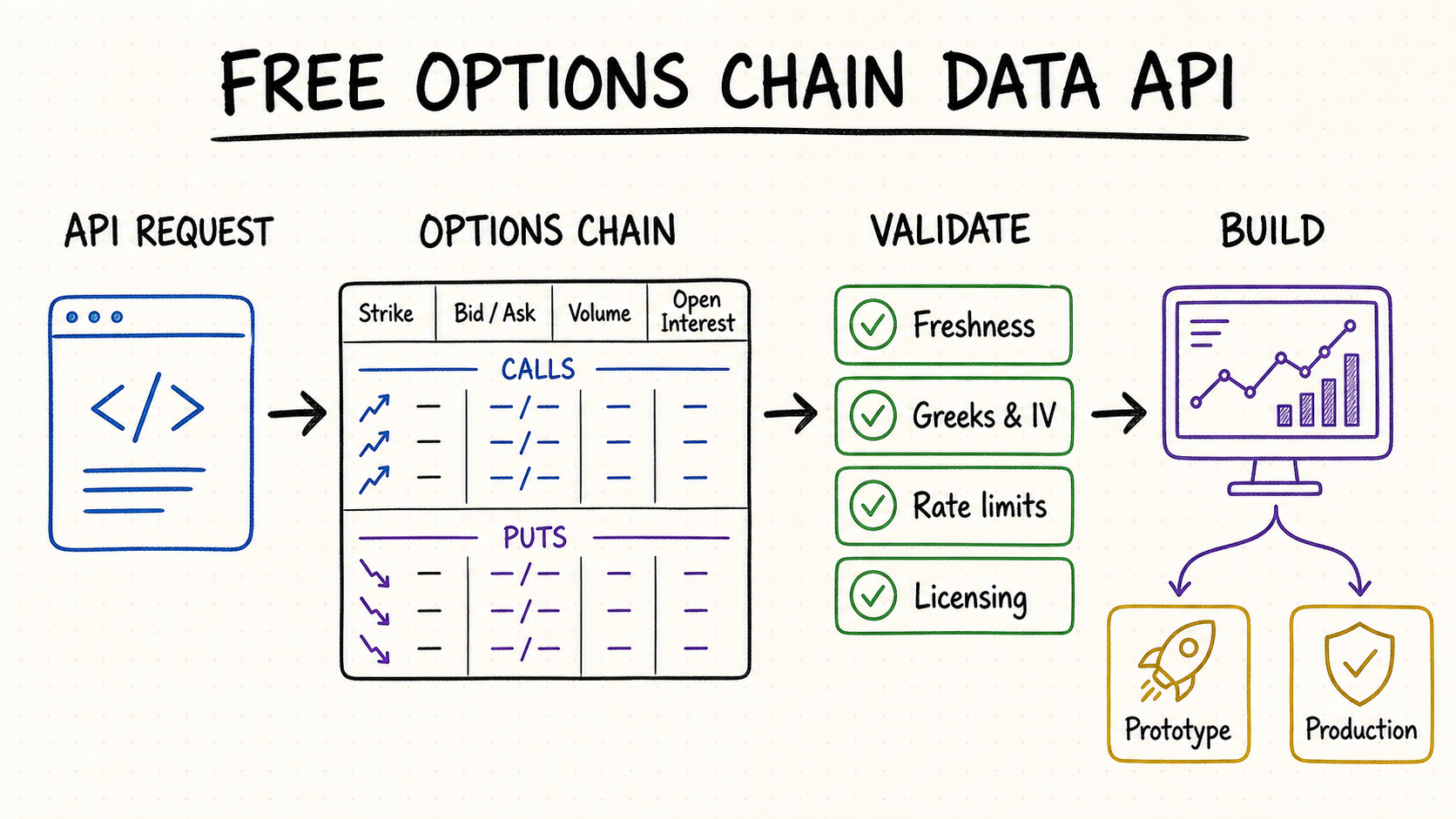 Hand-drawn free options chain data API workflow covering calls, puts, Greeks, implied volatility, freshness, and rate limits