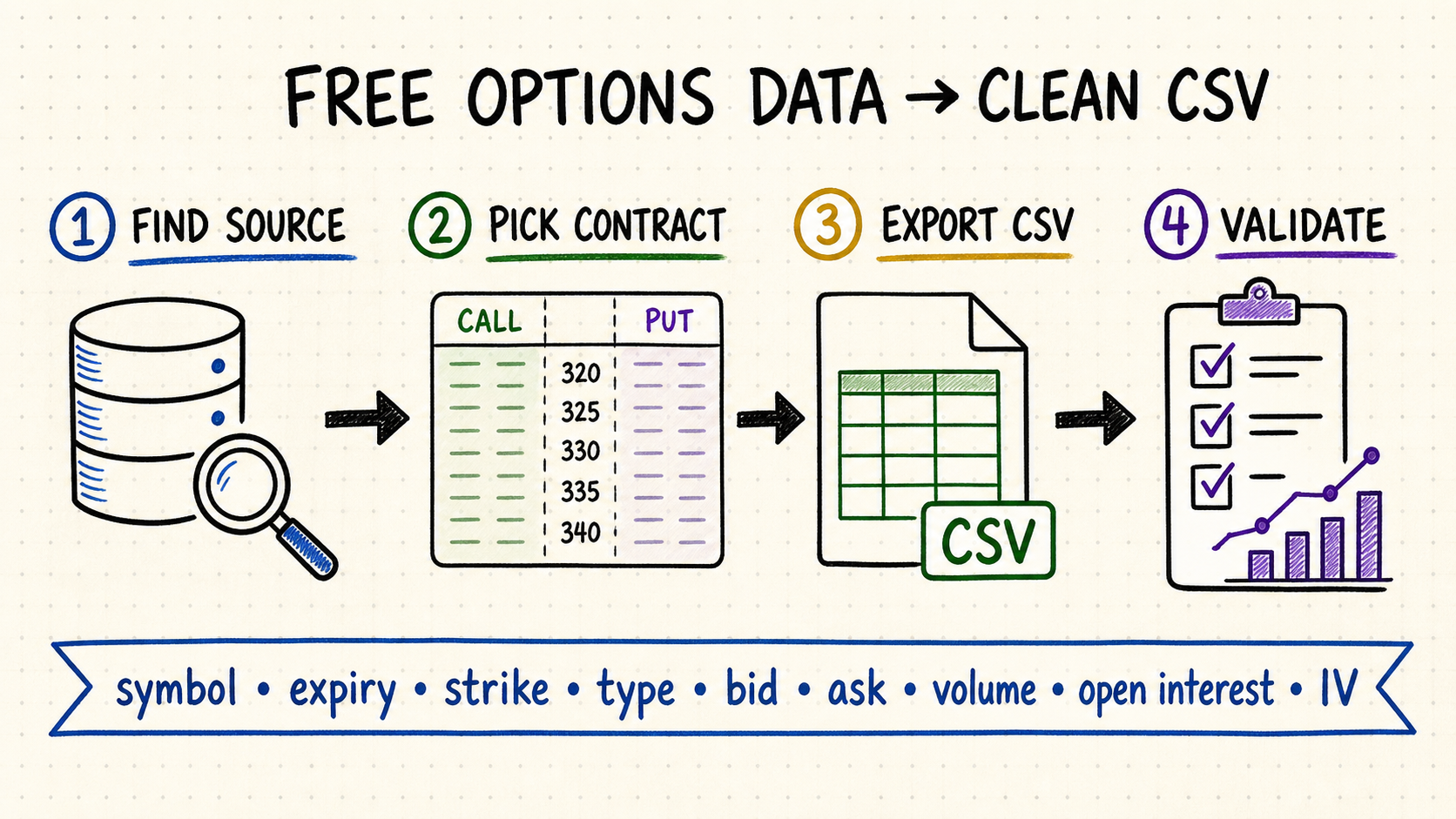 Hand-drawn workflow for finding free options data, choosing contracts, exporting a clean CSV, and validating the file