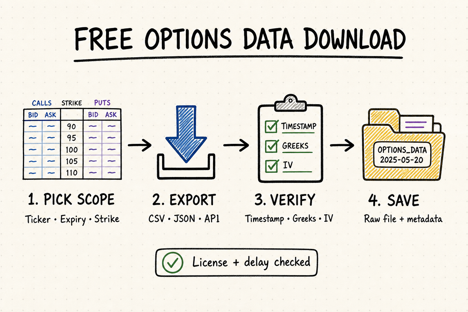 Four-step whiteboard workflow for choosing an options data scope, exporting CSV or JSON, verifying timestamps and Greeks, and saving raw files with metadata