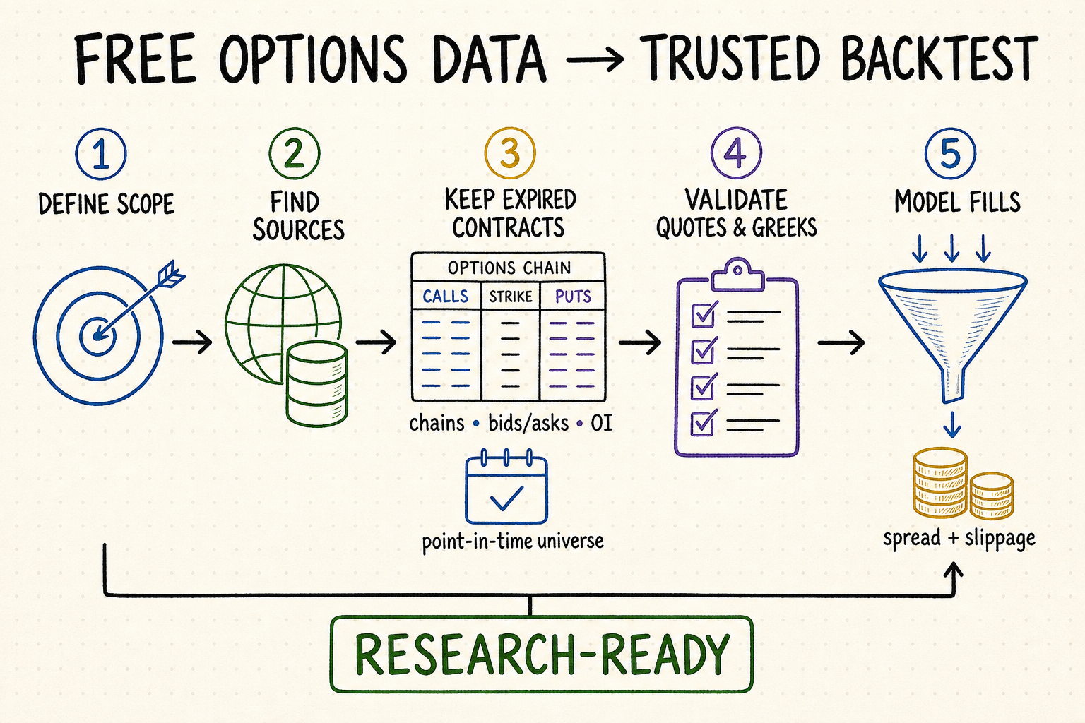 Whiteboard workflow for choosing free options data, retaining expired contracts, validating quotes and Greeks, and modeling fills