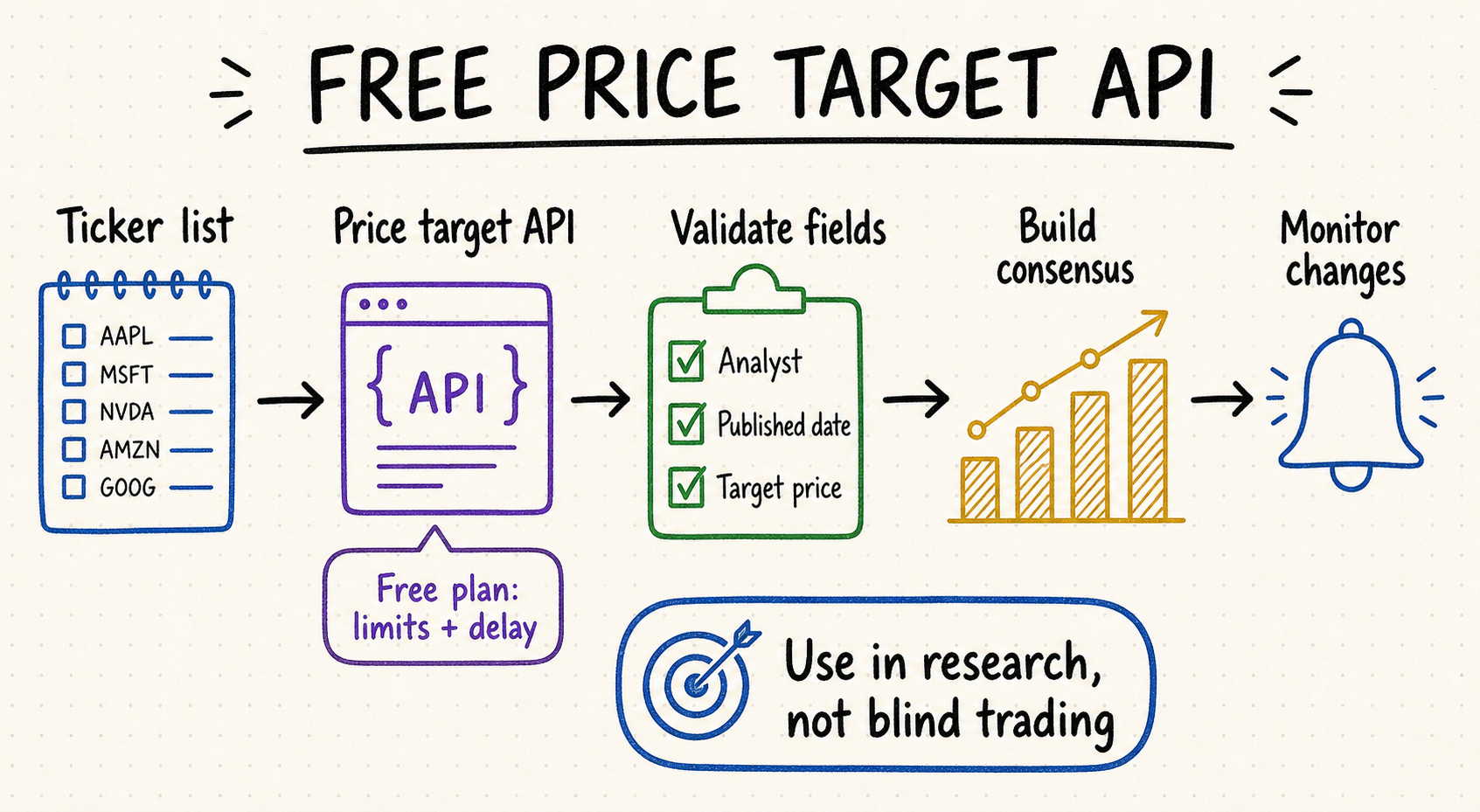 Hand-drawn workflow for validating analyst records, calculating consensus price targets, and monitoring revisions from a free API