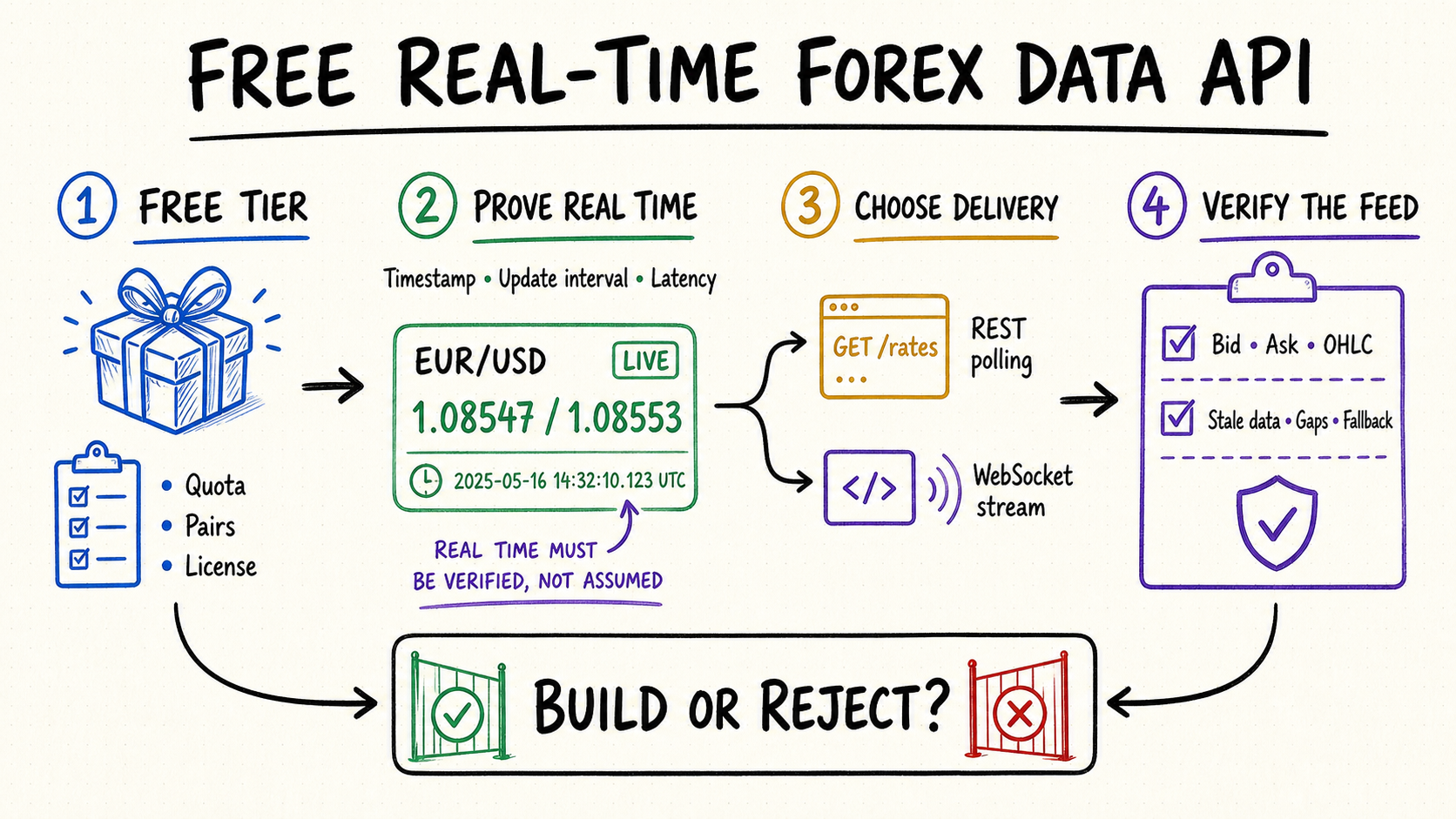 Free real time forex data API whiteboard showing free-tier checks, real-time timestamp proof, REST or WebSocket delivery, and feed validation