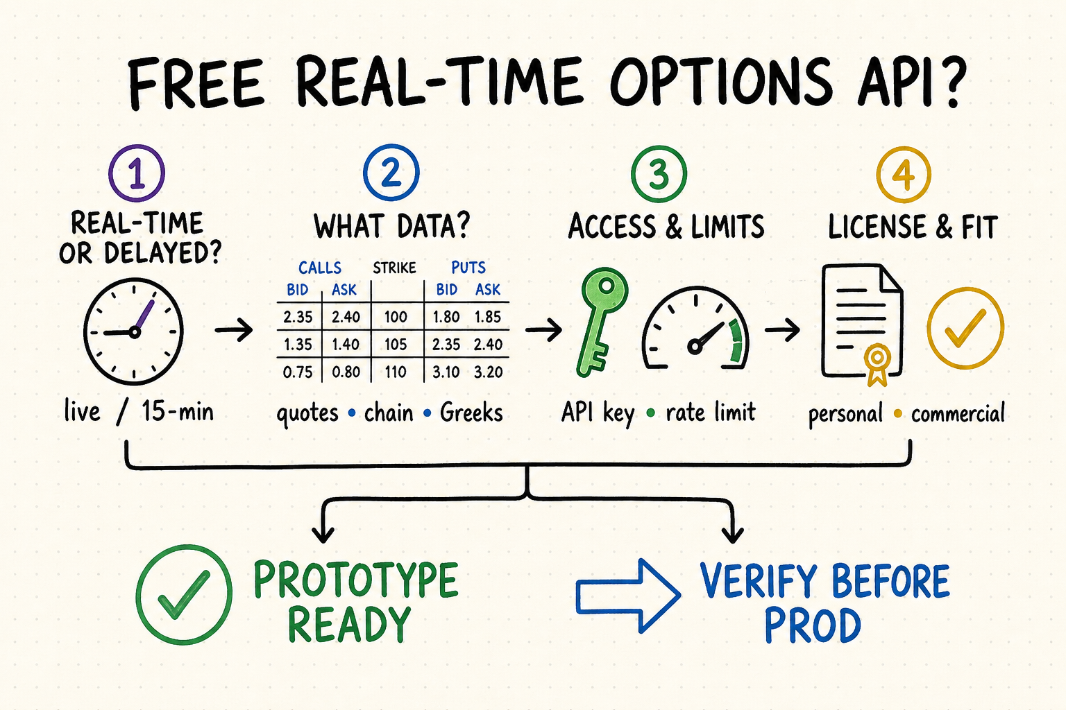Hand-drawn decision map for checking real-time options API freshness, data fields, limits, and licensing